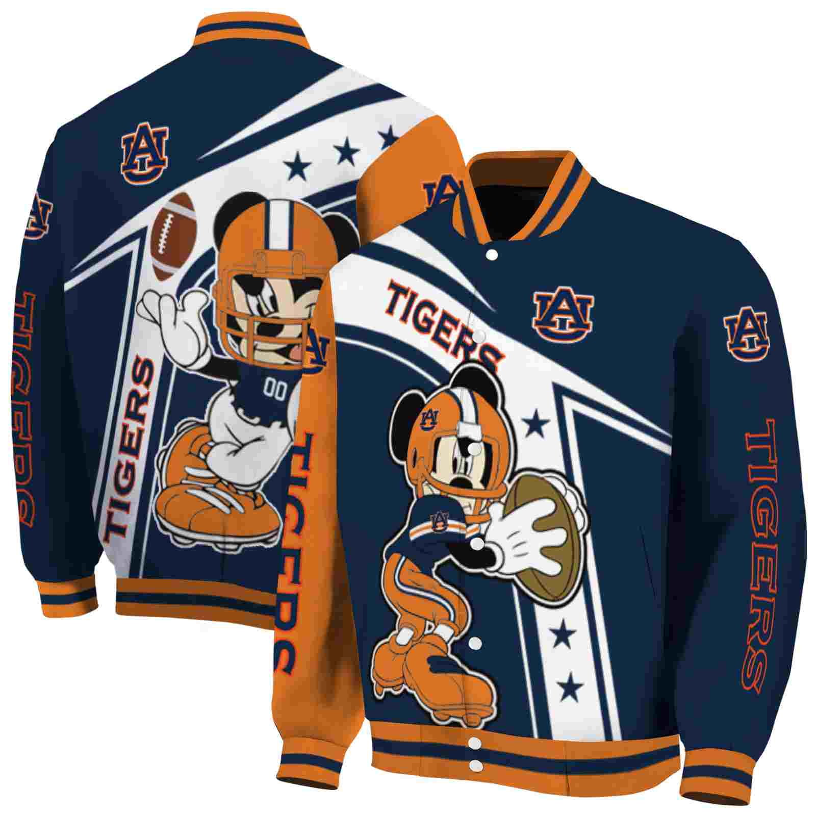 NcaaCustomized Auburn Tigers Mickey Football Navy Blue White Custom Baseball Jacket Sport Fans Gear