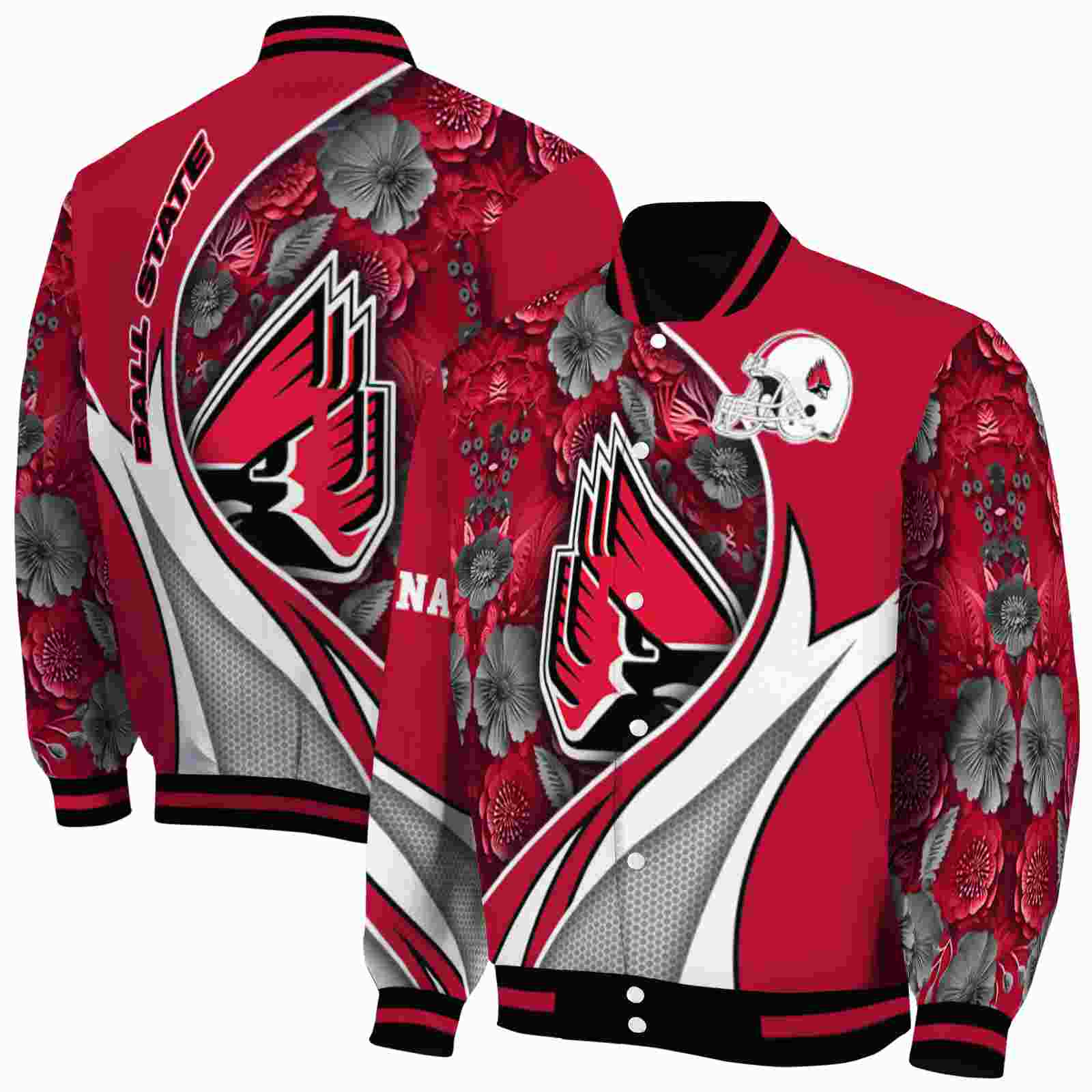 NcaaCustomized Ball State Cardinals Floral Print Red Custom Baseball Jacket Sport Fans Gear