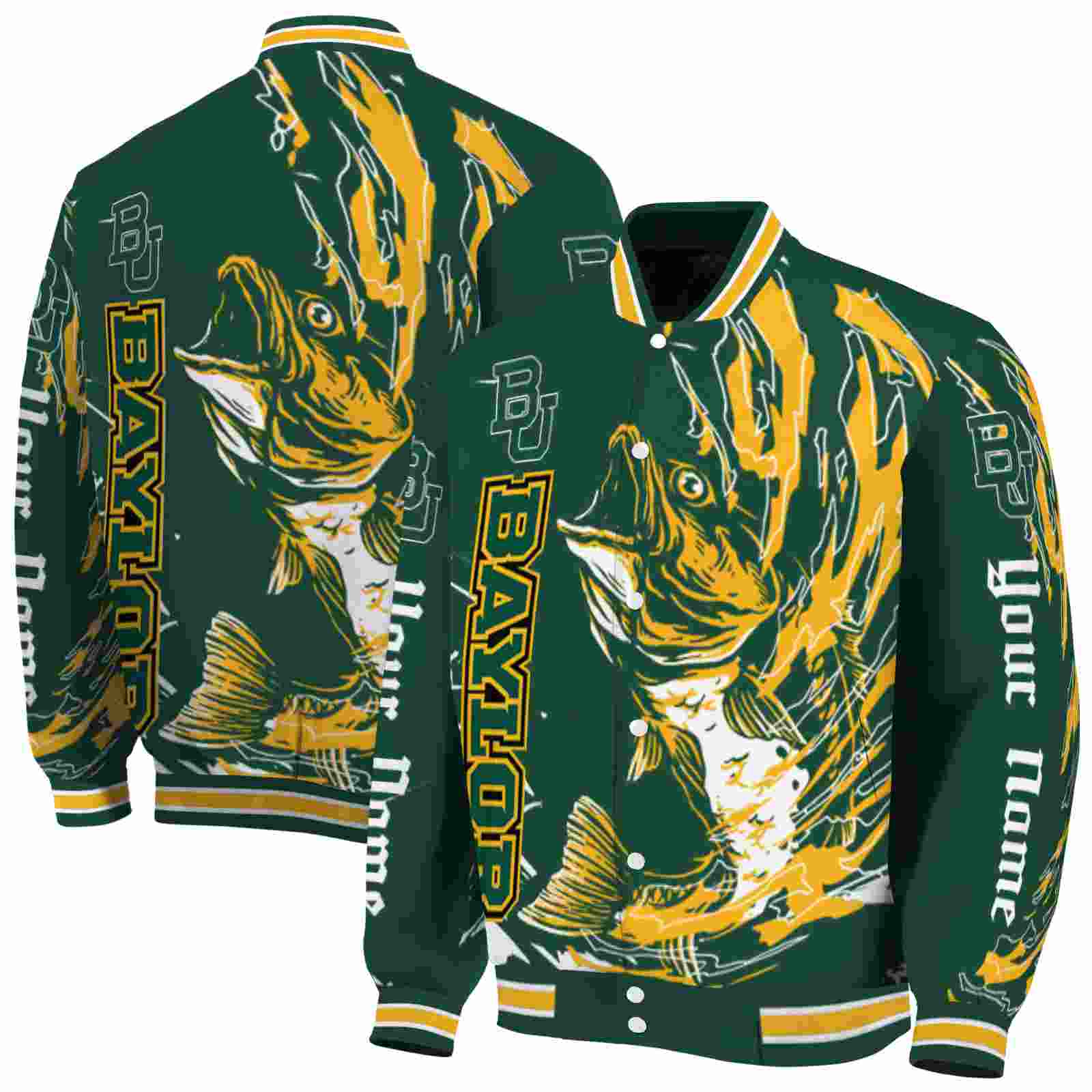 NcaaCustomized Baylor Bears Fishing Passion Green White Custom Baseball Jacket Sport Fans Gear