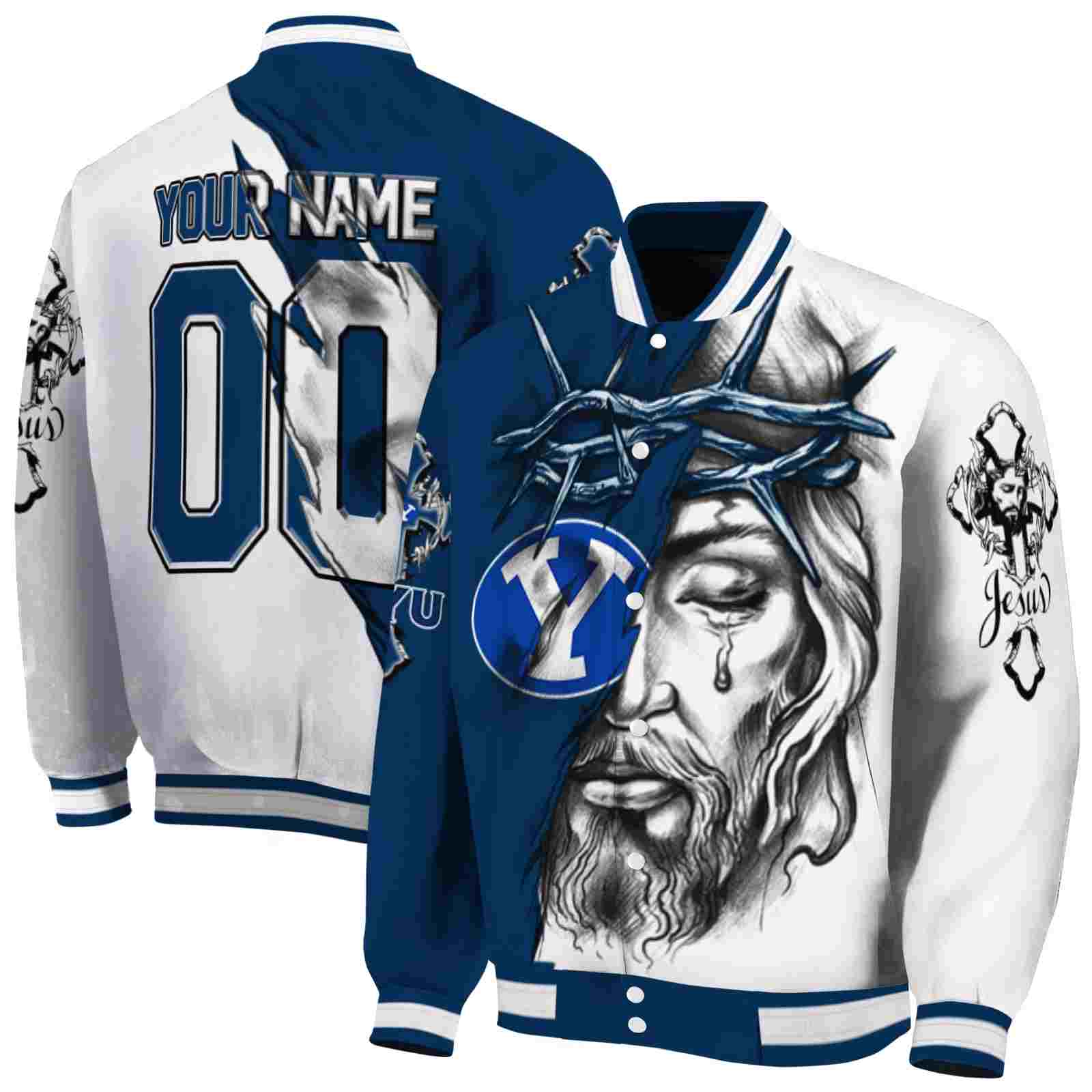NcaaCustomized BYU Cougars Jesus Tears Blue White Custom Baseball Jacket Sport Fans Gear