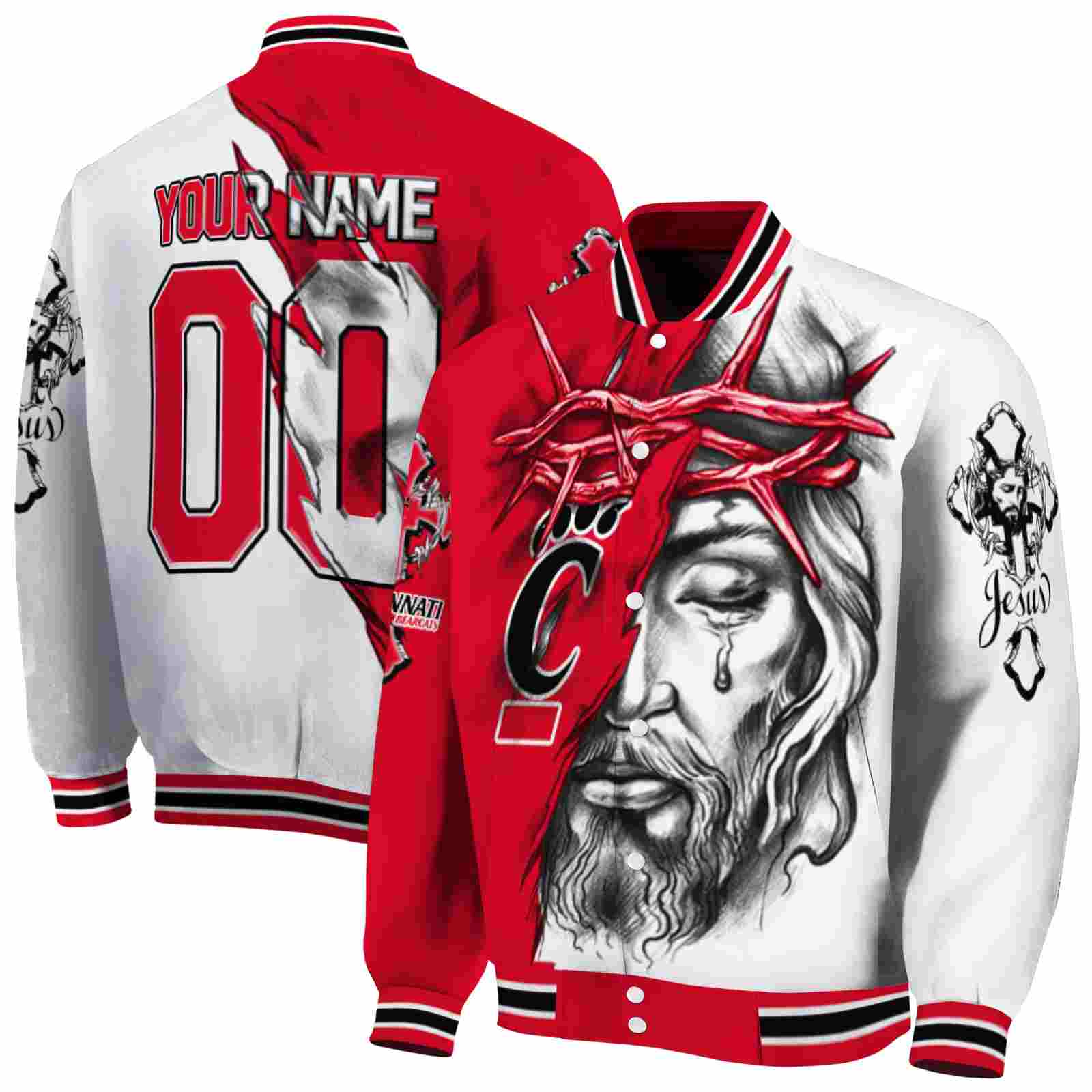 NcaaCustomized Cincinnati Bearcats Jesus Tears Red White Custom Baseball Jacket Sport Fans Gear