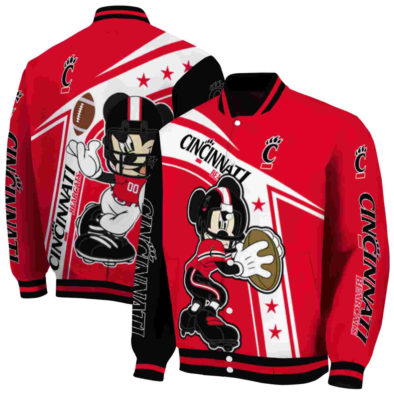 NcaaCustomized Cincinnati Bearcats Mickey Football Red White Custom Baseball Jacket Sport Fans Gear