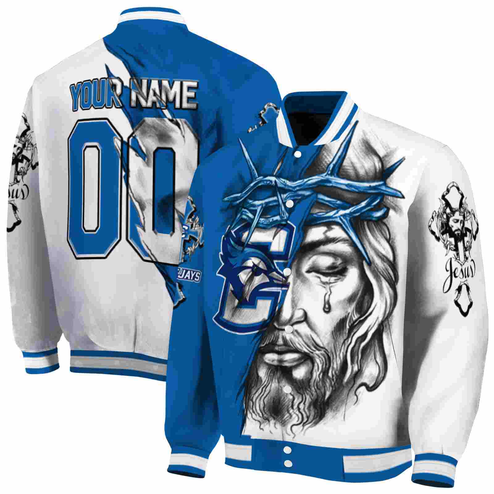 NcaaCustomized Creighton Bluejays Jesus Tears Blue White Custom Baseball Jacket Sport Fans Gear