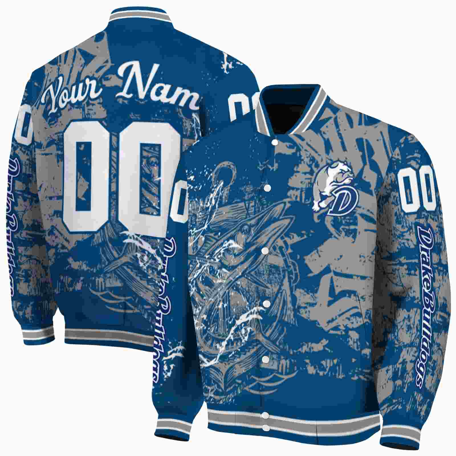 NcaaCustomized Drake Bulldogs Fishing Art Blue Custom Baseball Jacket Sport Fans Gear