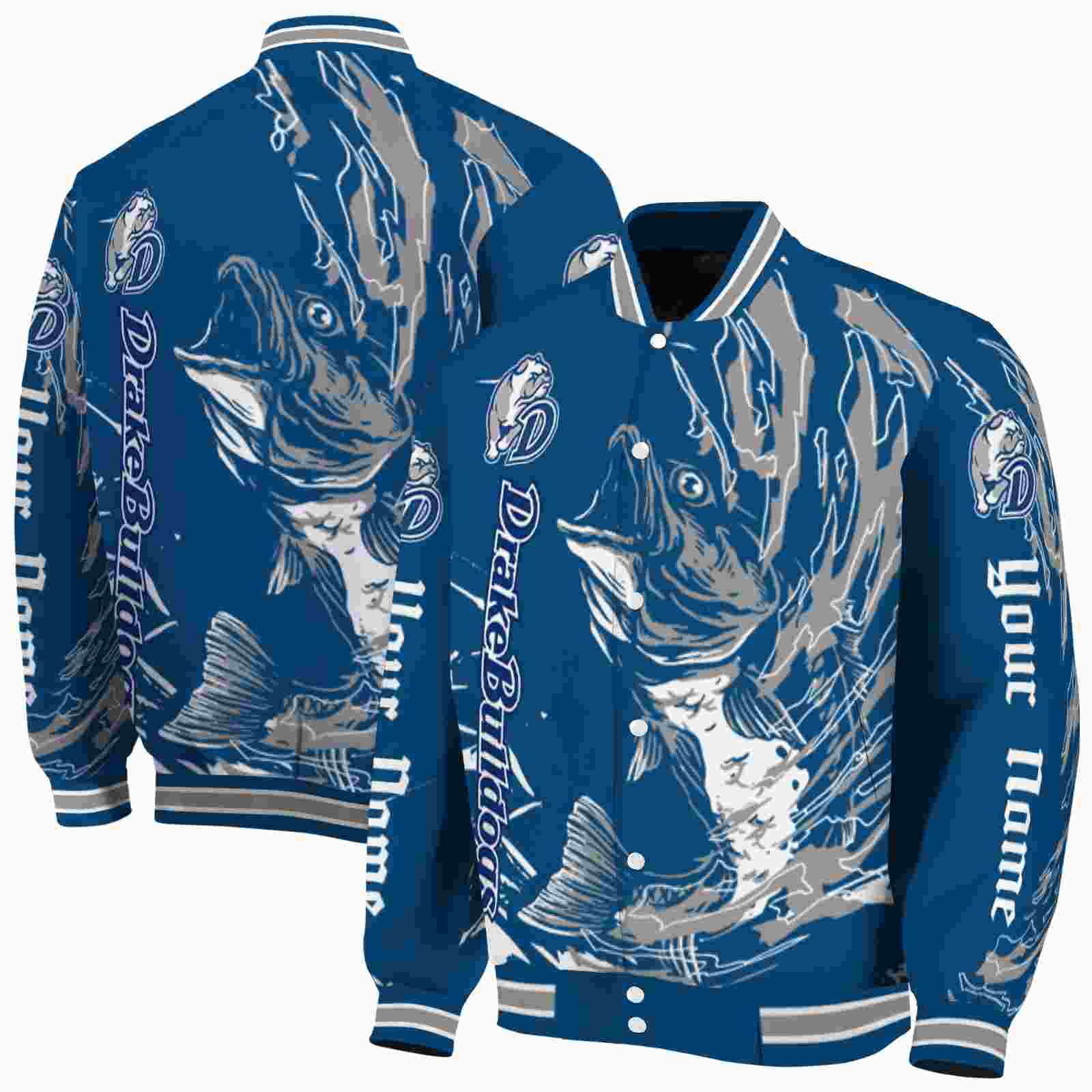 NcaaCustomized Drake Bulldogs Fishing Passion Blue White Custom Baseball Jacket Sport Fans Gear
