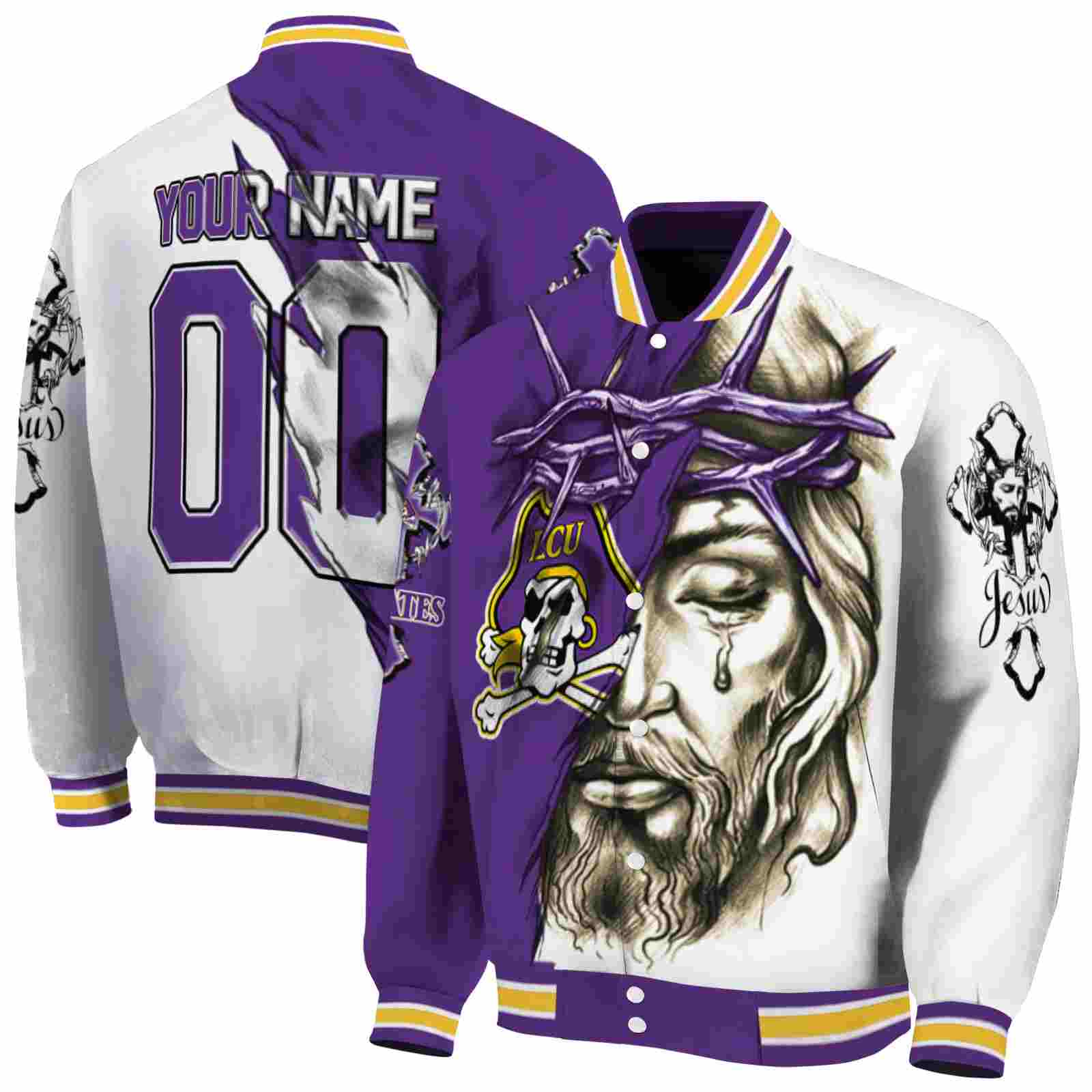 NcaaCustomized East Carolina Pirates Jesus Tears Purple White Custom Baseball Jacket Sport Fans Gear