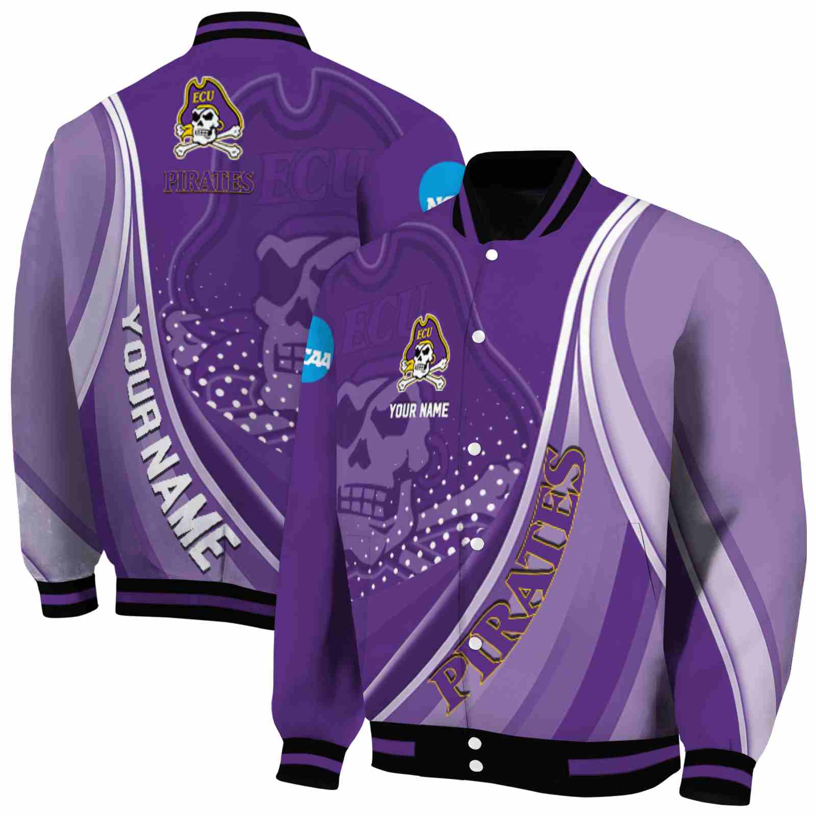 NcaaCustomized East Carolina Pirates Wave Patterns Purple Custom Baseball Jacket Sport Fans Gear