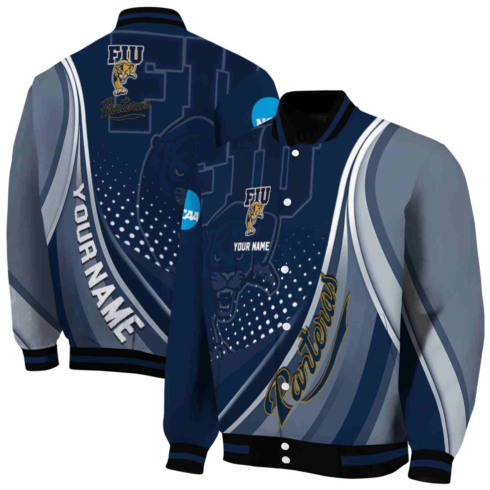 NcaaCustomized FIU Panthers Wave Patterns Blue Custom Baseball Jacket Sport Fans Gear