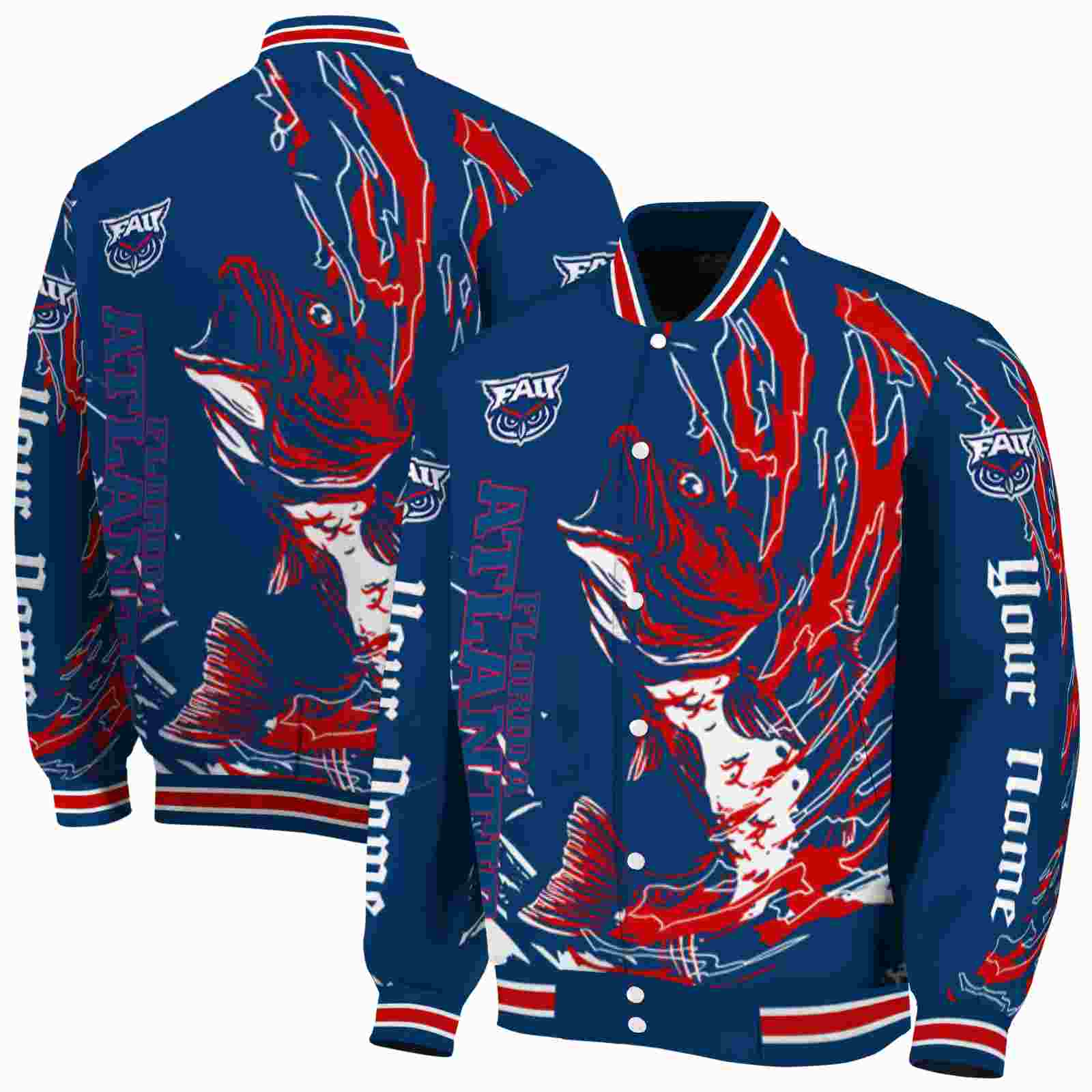 NcaaCustomized Florida Atlantic Owls Fishing Passion Blue White Custom Baseball Jacket Sport Fans Gear