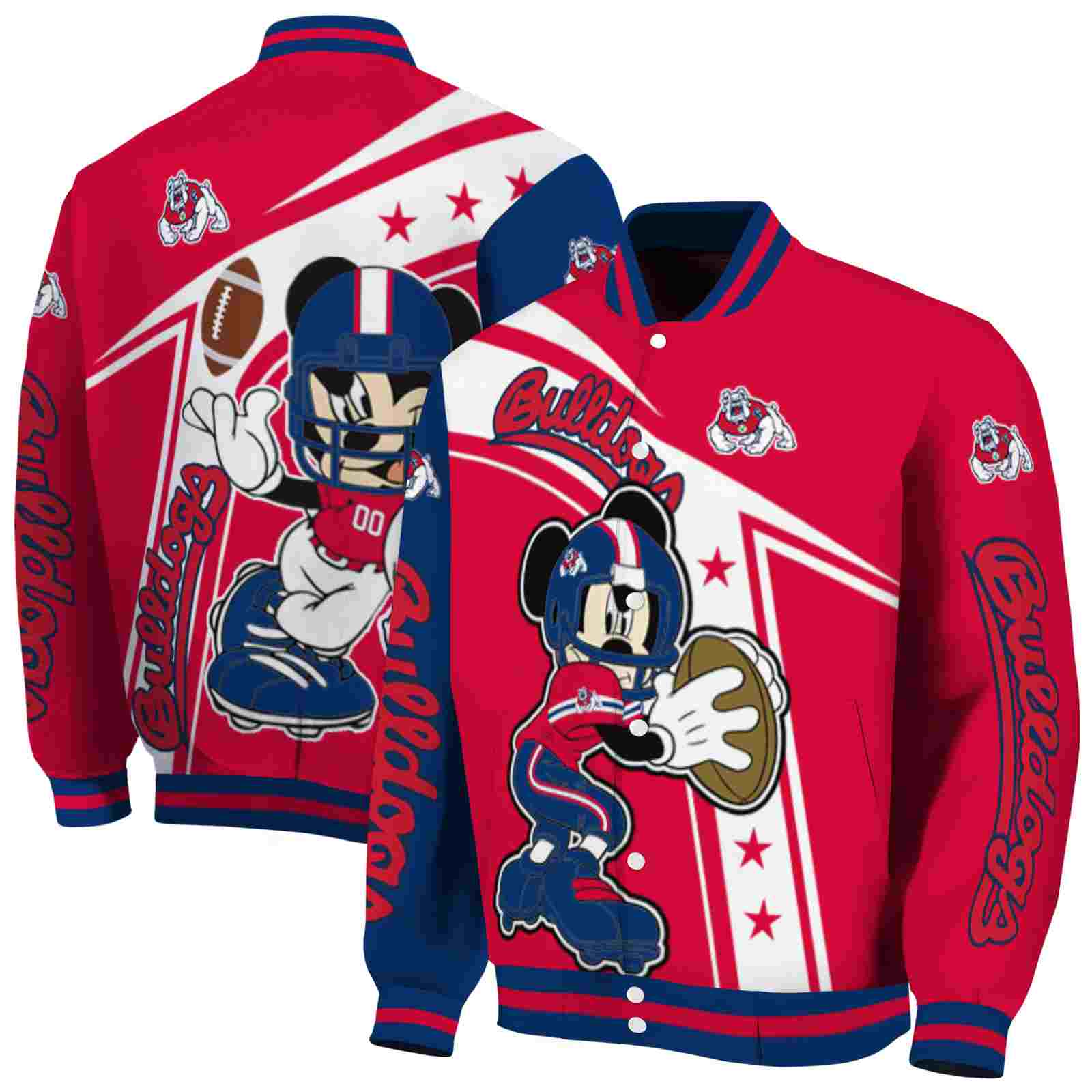 NcaaCustomized Fresno State Bulldogs Mickey Football Red White Custom Baseball Jacket Sport Fans Gear