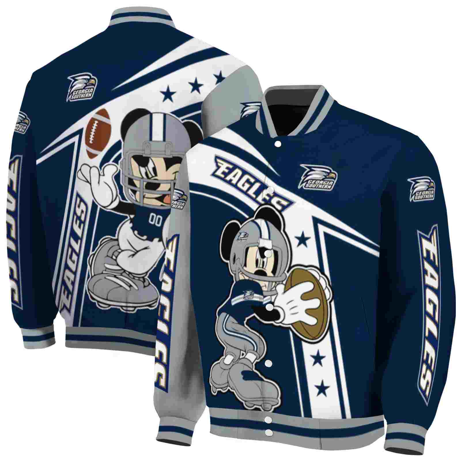 NcaaCustomized Georgia Southern Eagles Mickey Football Blue White Custom Baseball Jacket Sport Fans Gear