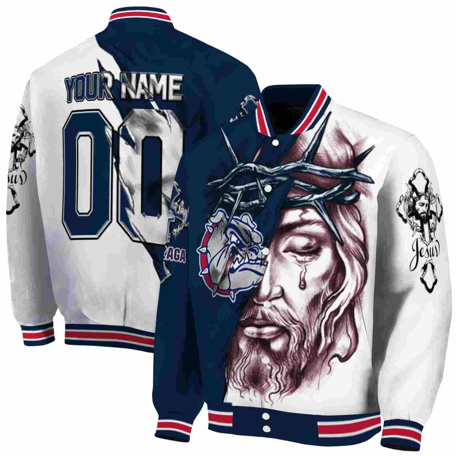 NcaaCustomized Gonzaga Bulldogs Jesus Tears Blue White Custom Baseball Jacket Sport Fans Gear