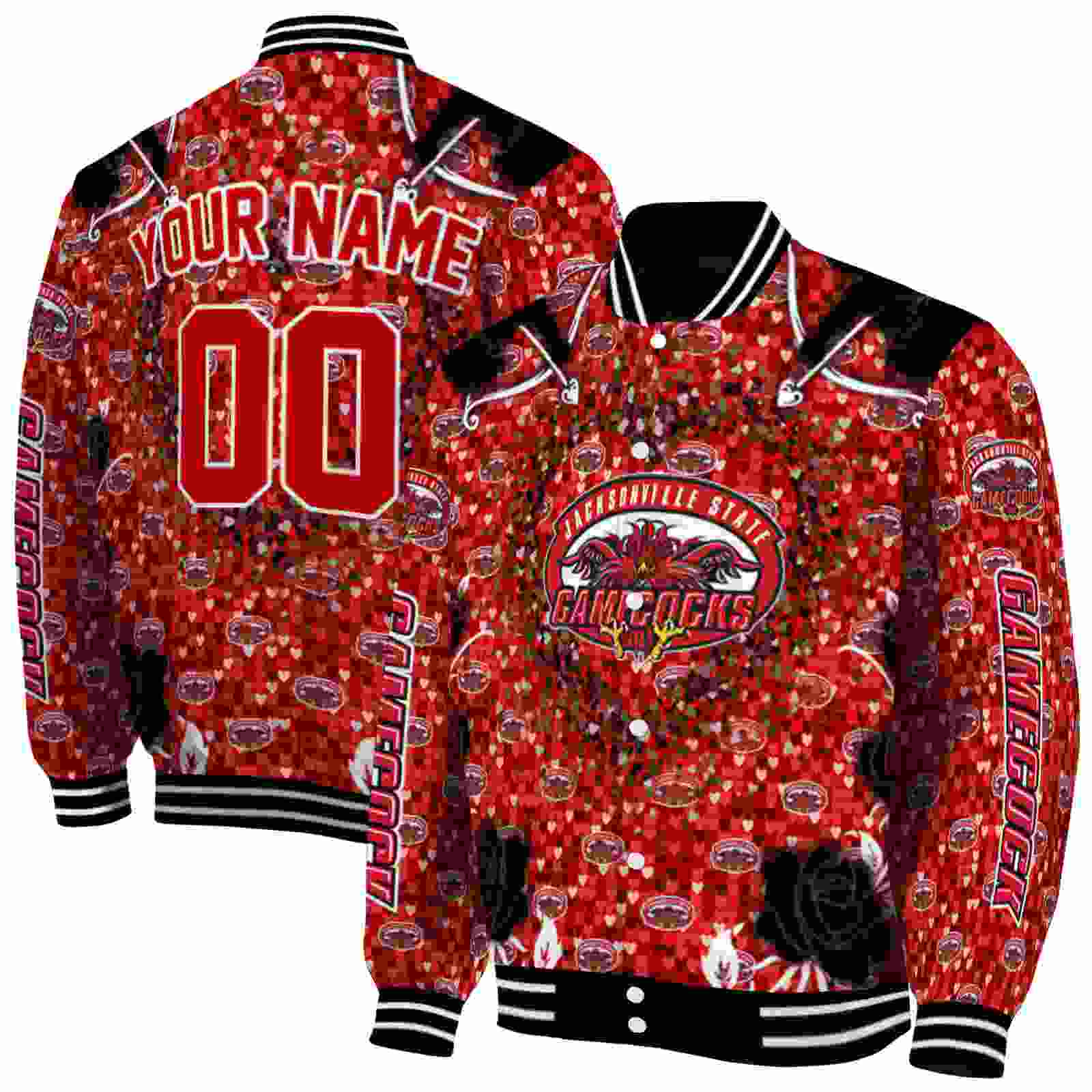 NcaaCustomized Jacksonville State Gamecocks Heart Explosion Red Custom Baseball Jacket Sport Fans Gear