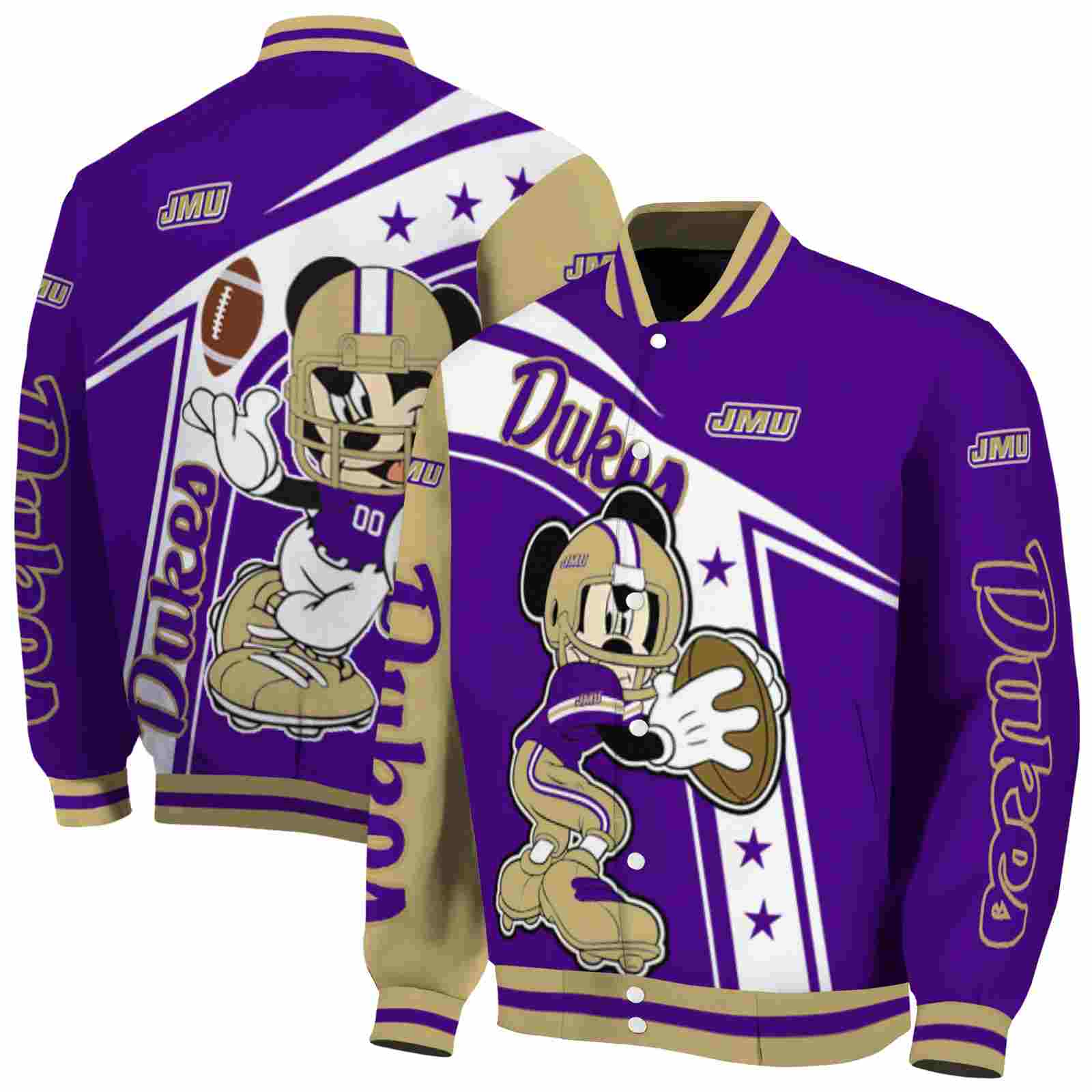 NcaaCustomized James Madison Dukes Mickey Football Purple White Custom Baseball Jacket Sport Fans Gear