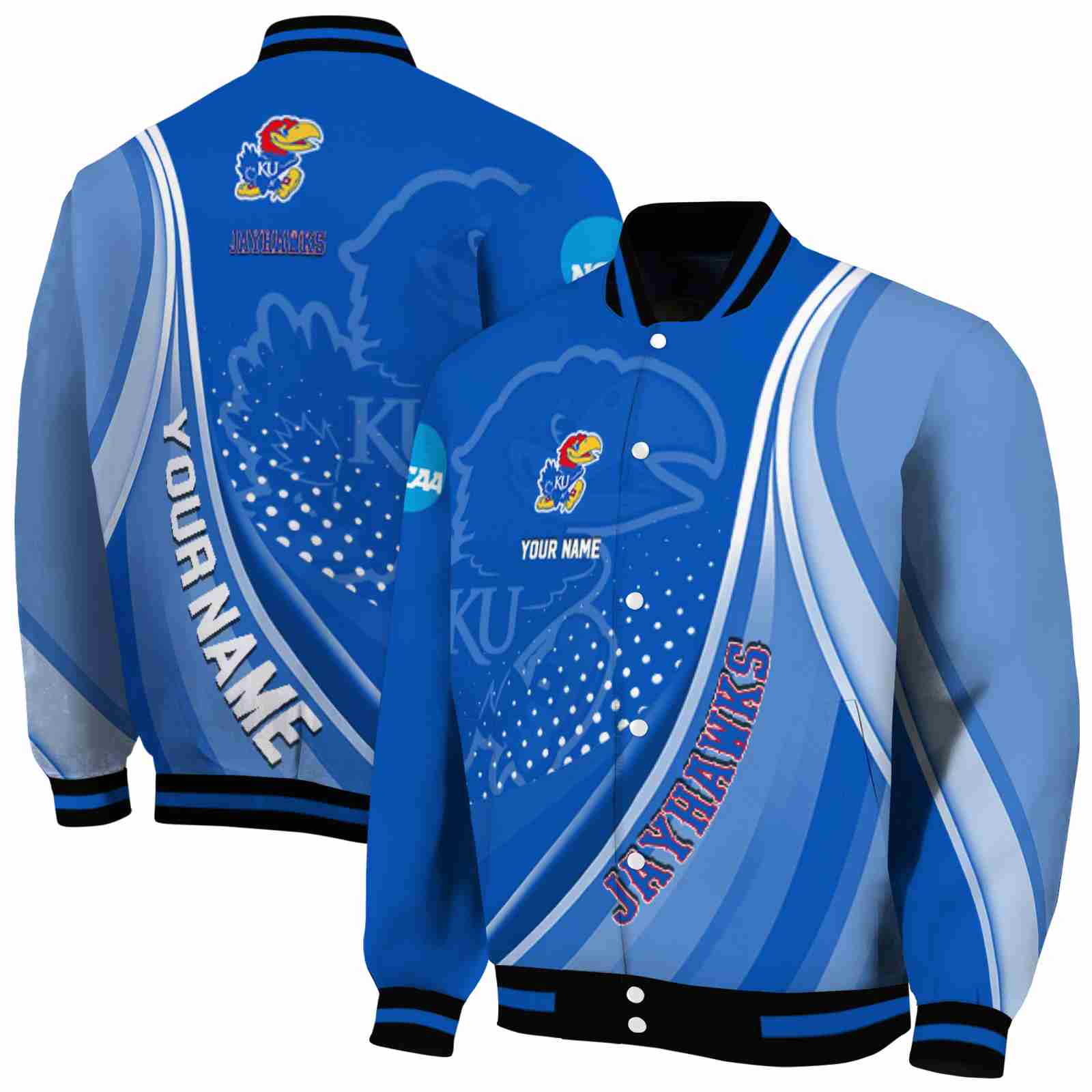 NCAA Customized Kansas Jayhawks Wave Patterns Blue Custom Baseball Jacket Sport