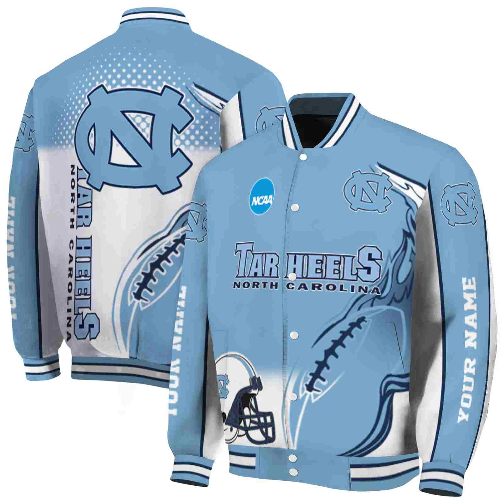 NcaaCustomized North Carolina Tar Heels Flaming Football Light Blue White Custom Baseball Jacket Sport Fans Gear