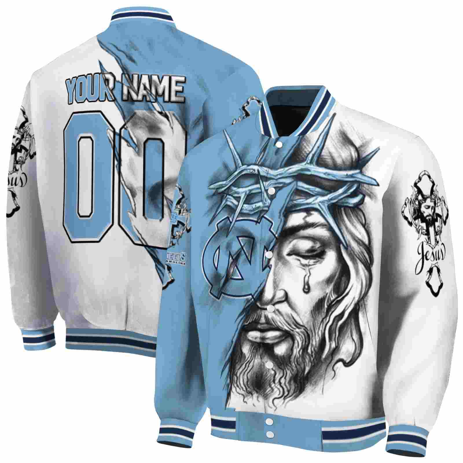 NcaaCustomized North Carolina Tar Heels Jesus Tears Light Blue White Custom Baseball Jacket Sport Fans Gear