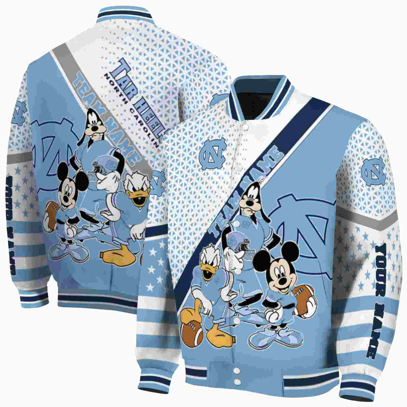 NcaaCustomized North Carolina Tar Heels Mickey Donald Goofy Light Blue White Custom Baseball Jacket Sport Fans Gear
