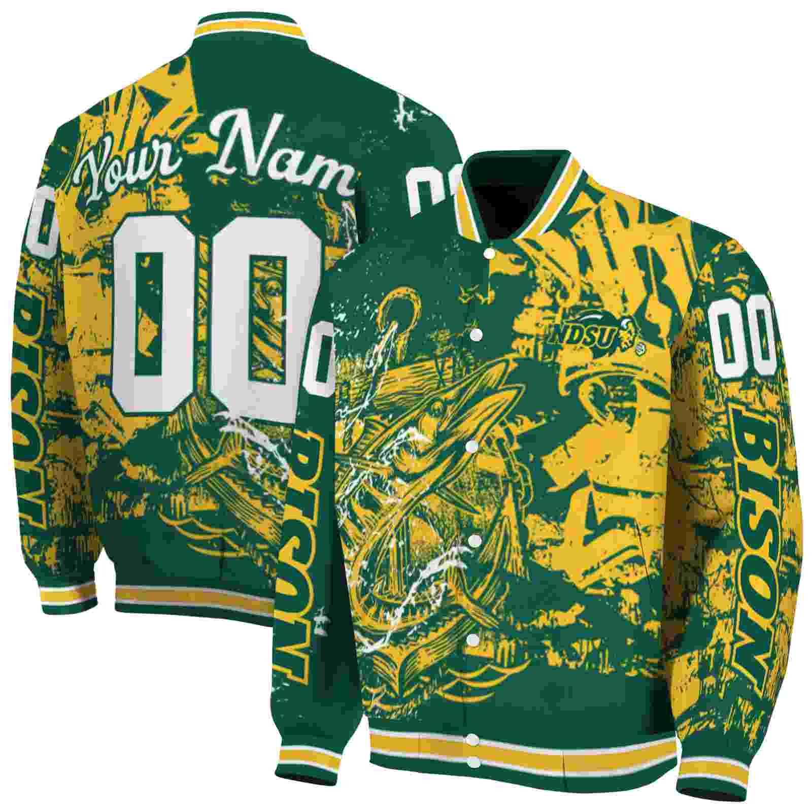 NcaaCustomized North Dakota State Bison Fishing Art Green Custom Baseball Jacket Sport Fans Gear