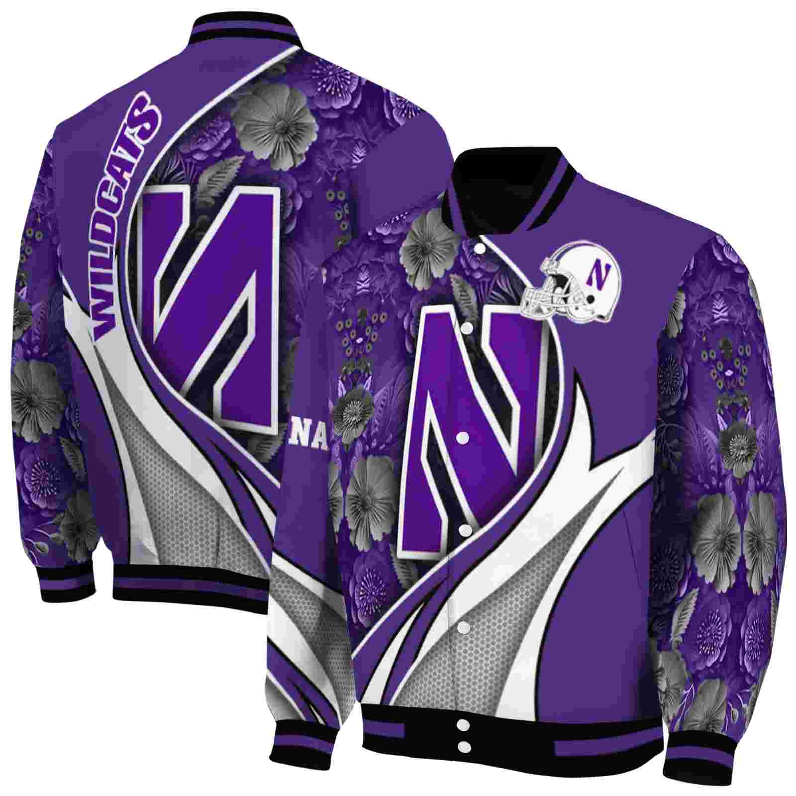 NcaaCustomized Northwestern Wildcats Floral Print Purple Custom Baseball Jacket Sport Fans Gear
