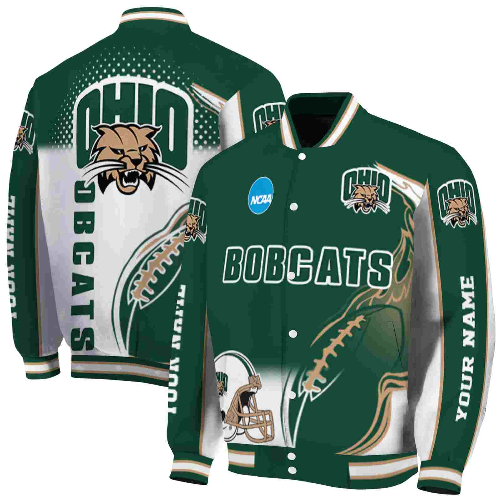 NcaaCustomized Ohio Bobcats Flaming Football Green White Custom Baseball Jacket Sport Fans Gear