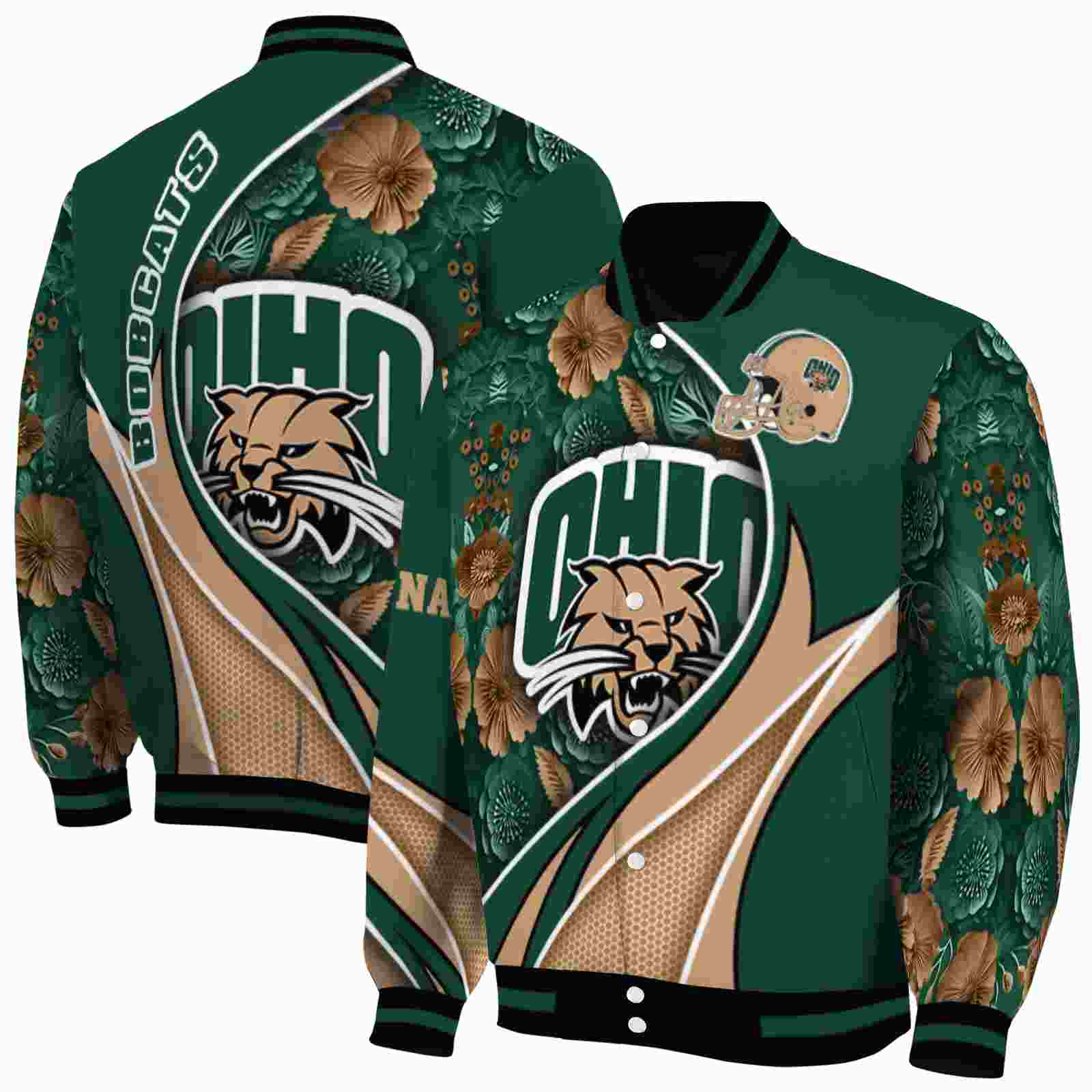 NcaaCustomized Ohio Bobcats Floral Print Green Custom Baseball Jacket Sport Fans Gear