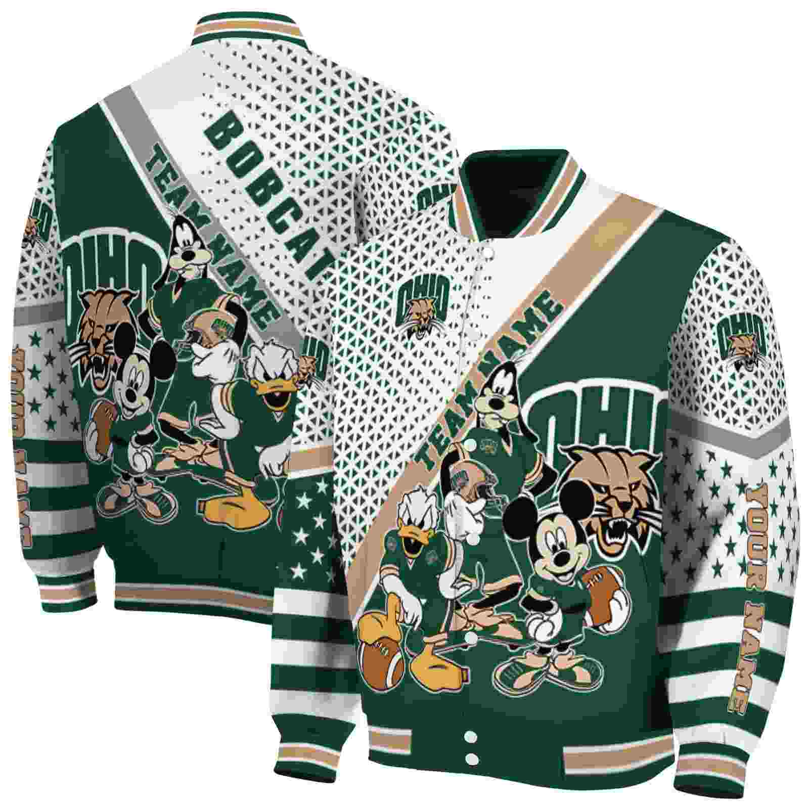 NcaaCustomized Ohio Bobcats Mickey Donald Goofy Green White Custom Baseball Jacket Sport Fans Gear