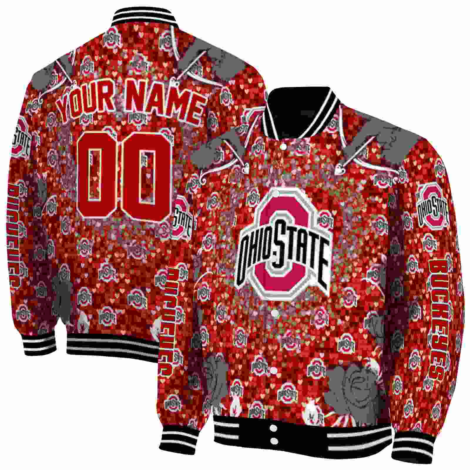 NcaaCustomized Ohio State Buckeyes Heart Explosion Scarlet Custom Baseball Jacket Sport Fans Gear