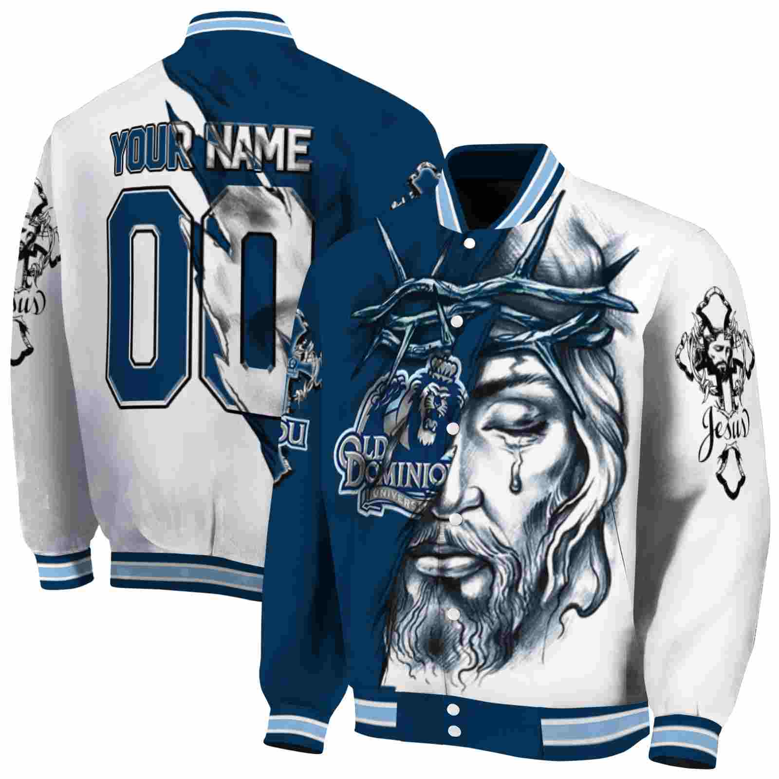 NcaaCustomized Old Dominion Monarchs Jesus Tears Blue White Custom Baseball Jacket Sport Fans Gear