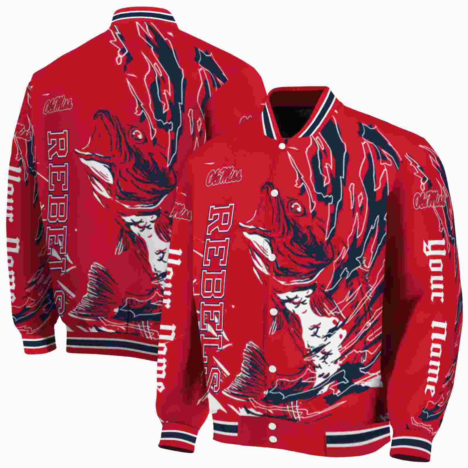 NcaaCustomized Ole Miss Rebels Fishing Passion Red White Custom Baseball Jacket Sport Fans Gear