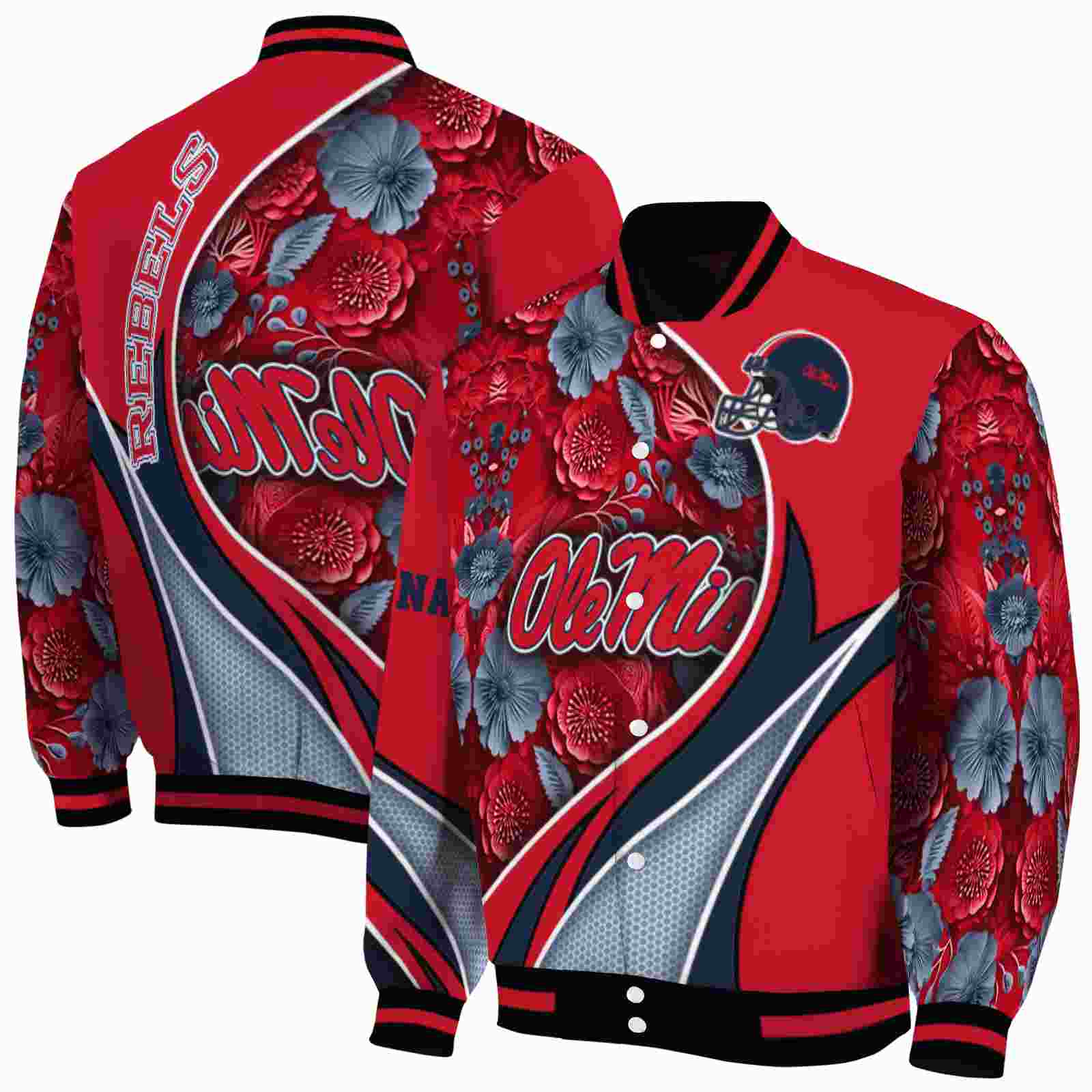 NcaaCustomized Ole Miss Rebels Floral Print Red Custom Baseball Jacket Sport Fans Gear