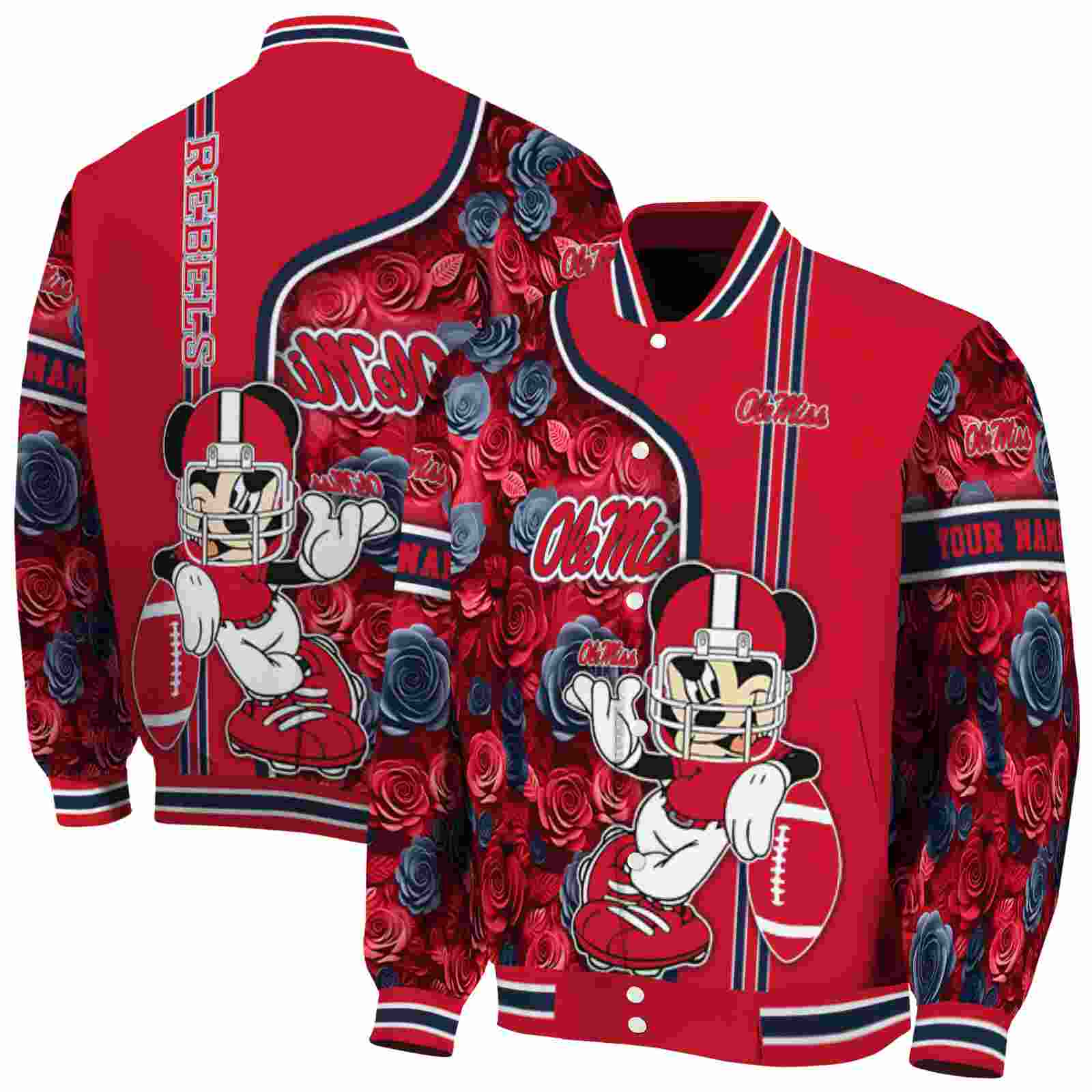 NcaaCustomized Ole Miss Rebels Rose Mickey Red Custom Baseball Jacket Sport Fans Gear