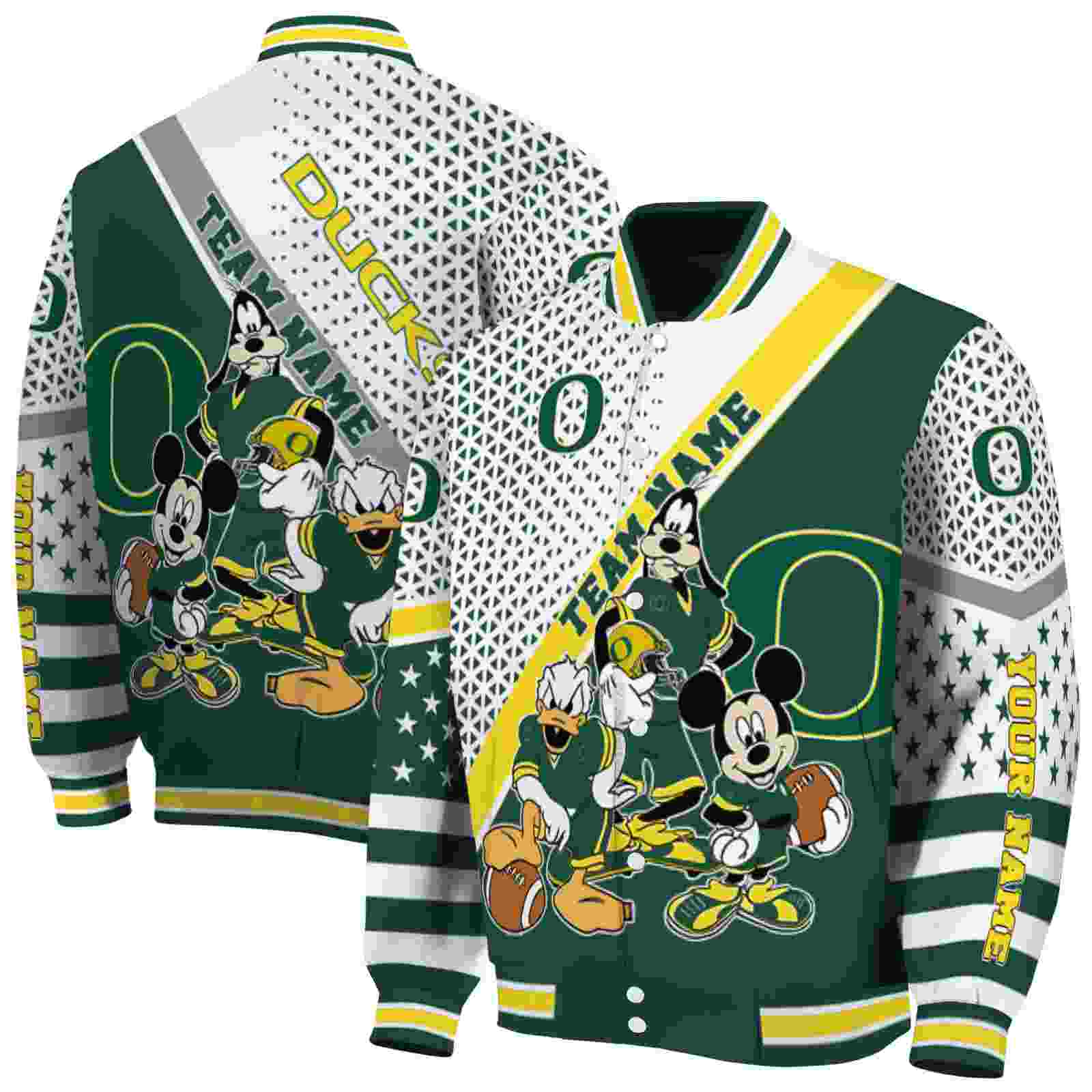 NcaaCustomized Oregon Ducks Mickey Donald Goofy Green White Custom Baseball Jacket Sport Fans Gear