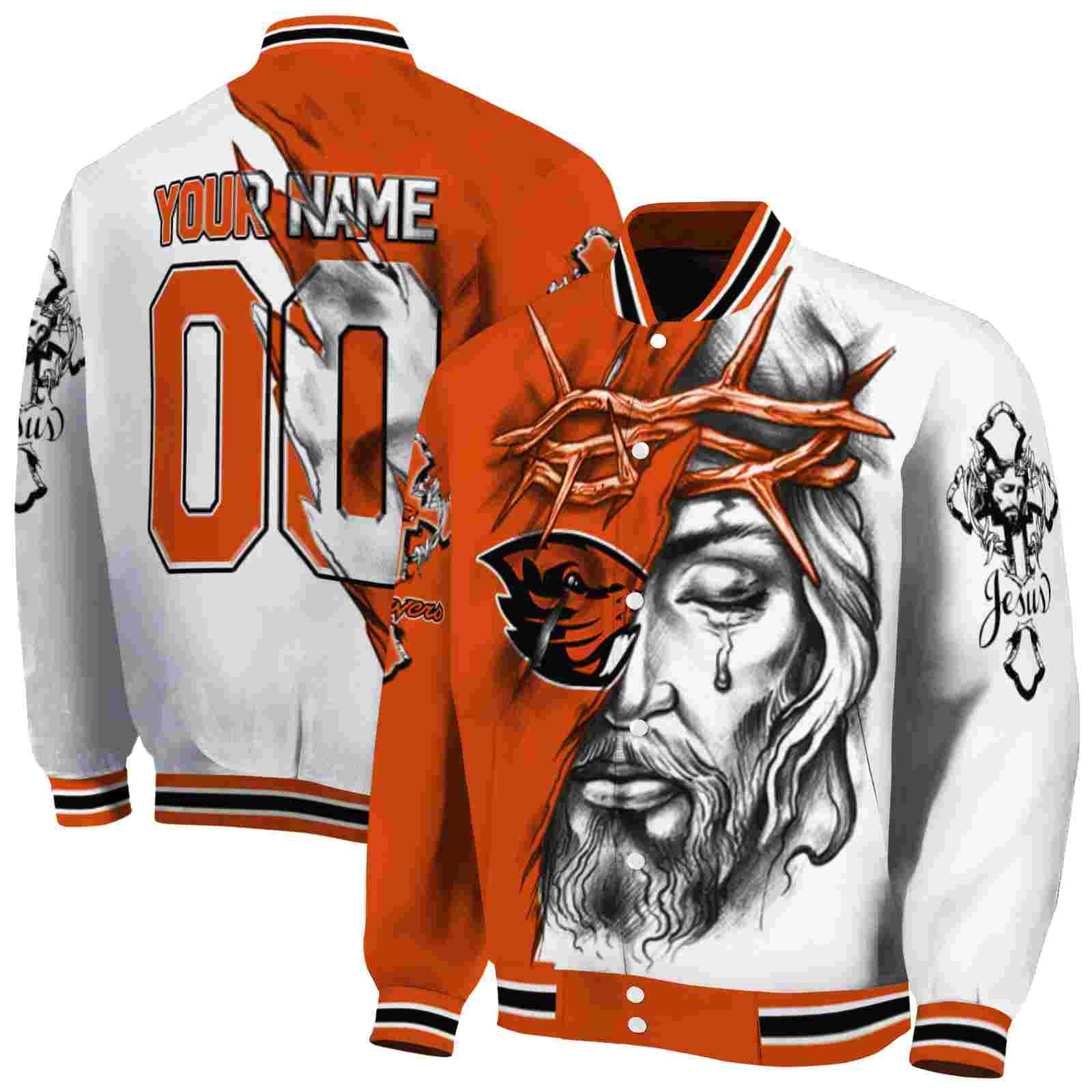 NcaaCustomized Oregon State Beavers Jesus Tears Orange White Custom Baseball Jacket Sport Fans Gear