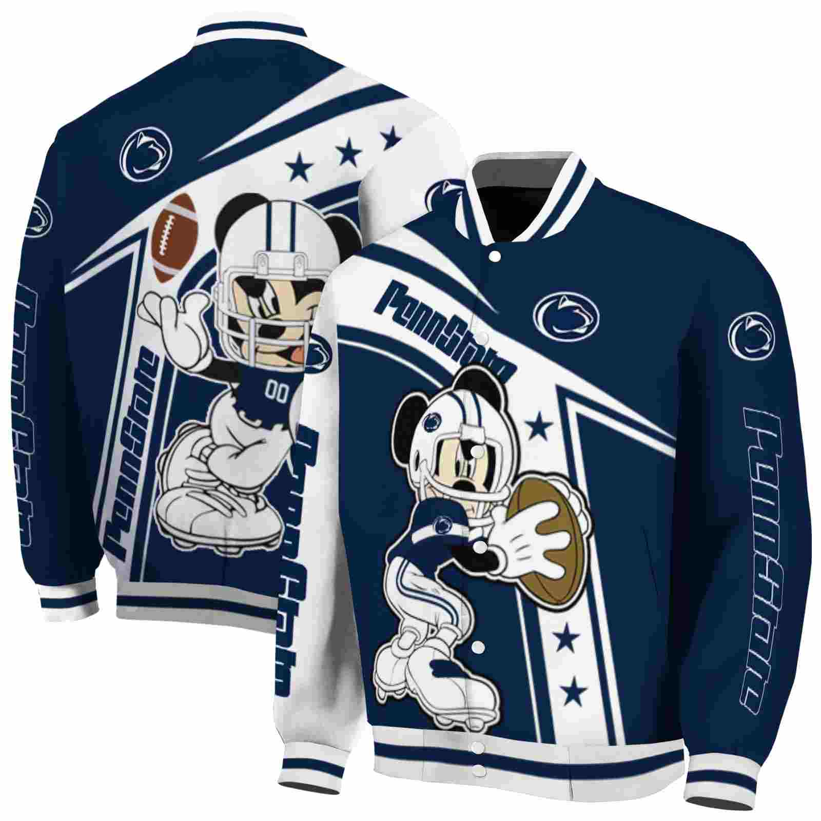 NcaaCustomized Penn State Nittany Lions Mickey Football Blue White Custom Baseball Jacket Sport Fans Gear