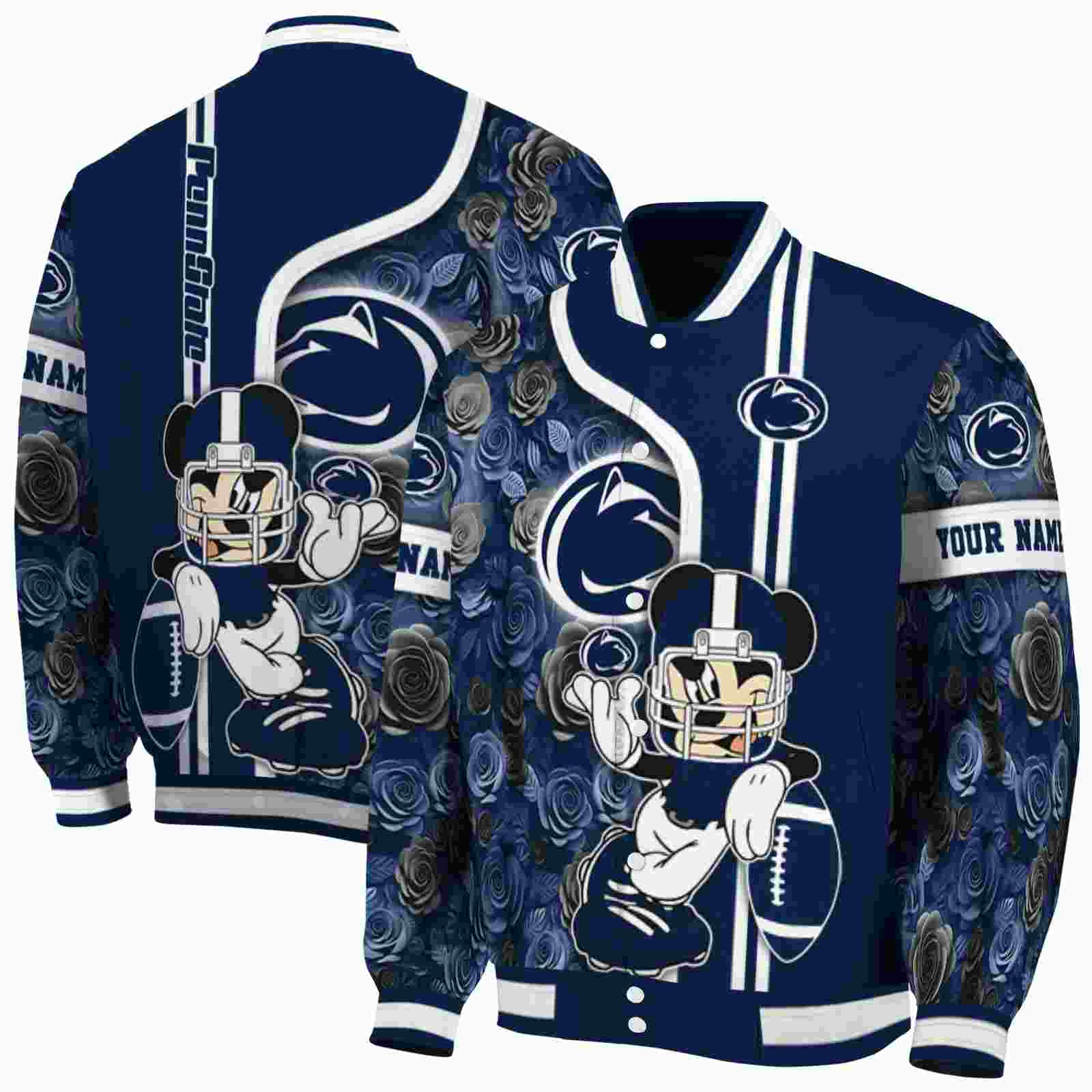 NcaaCustomized Penn State Nittany Lions Rose Mickey Blue Custom Baseball Jacket Sport Fans Gear