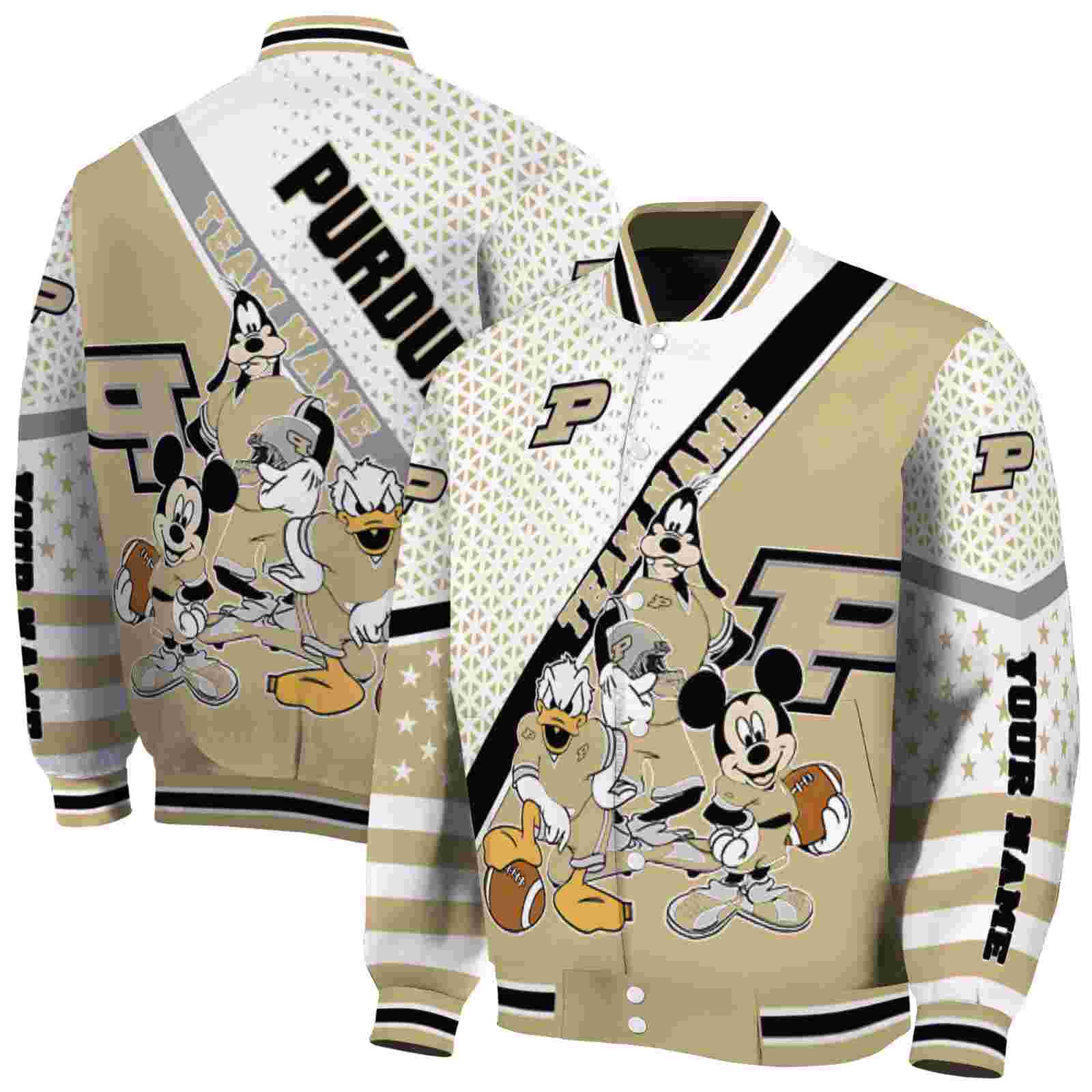NcaaCustomized Purdue Boilermakers Mickey Donald Goofy Gold White Custom Baseball Jacket Sport Fans Gear