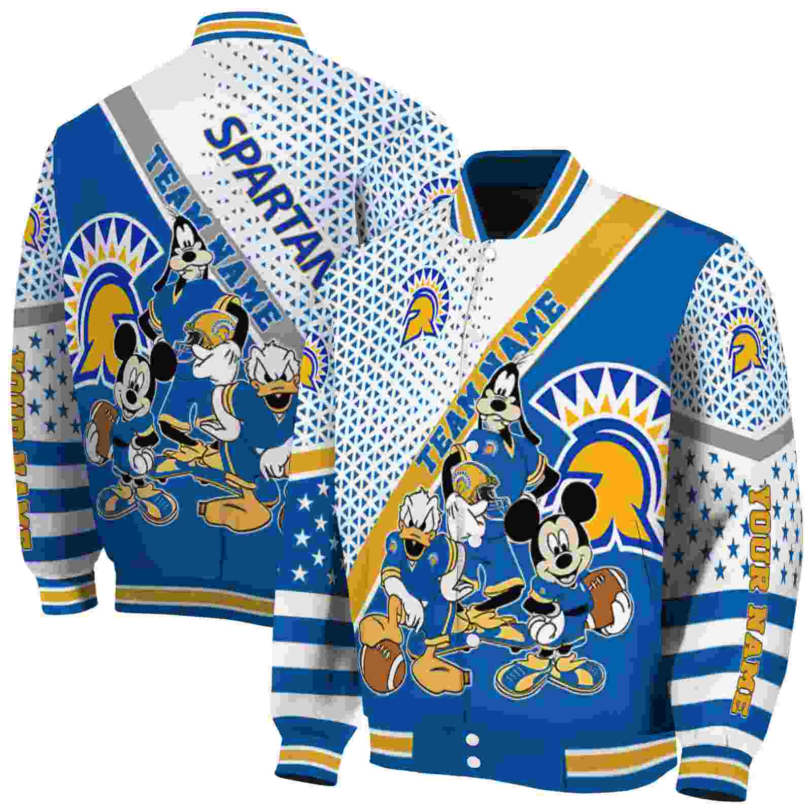 NcaaCustomized San Jose State Spartans Mickey Donald Goofy Blue White Custom Baseball Jacket Sport Fans Gear