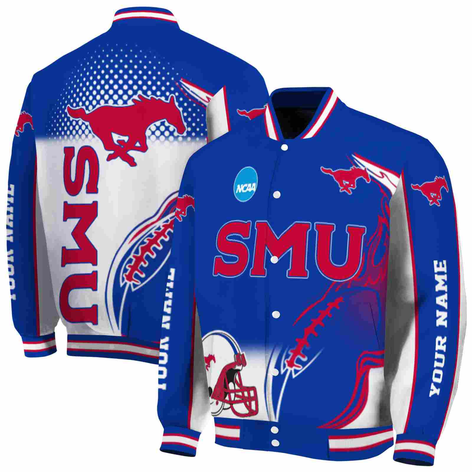 NcaaCustomized SMU Mustangs Flaming Football Blue White Custom Baseball Jacket Sport Fans Gear