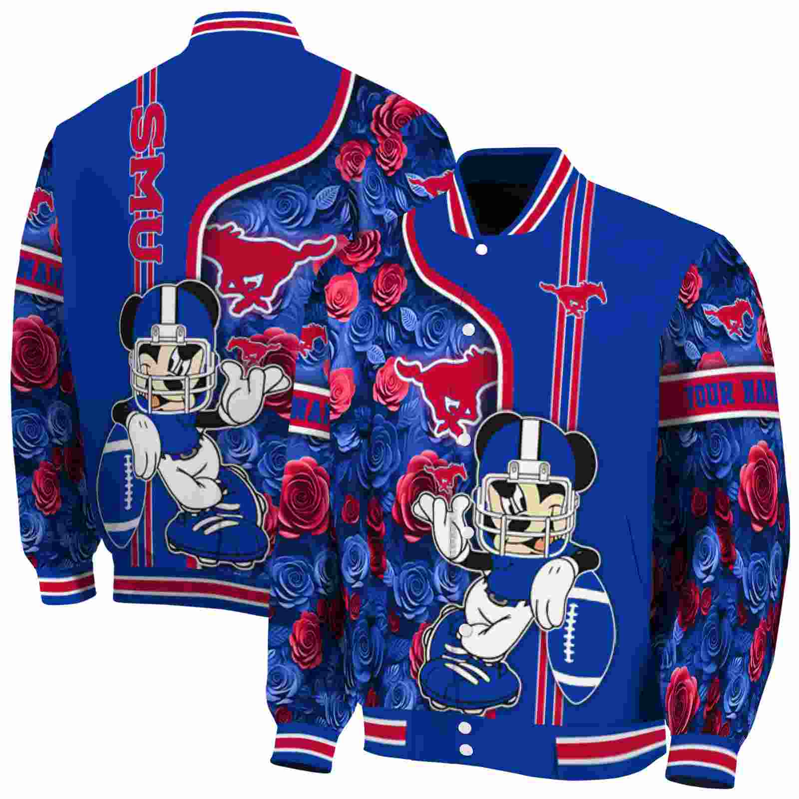 NcaaCustomized SMU Mustangs Rose Mickey Blue Custom Baseball Jacket Sport Fans Gear