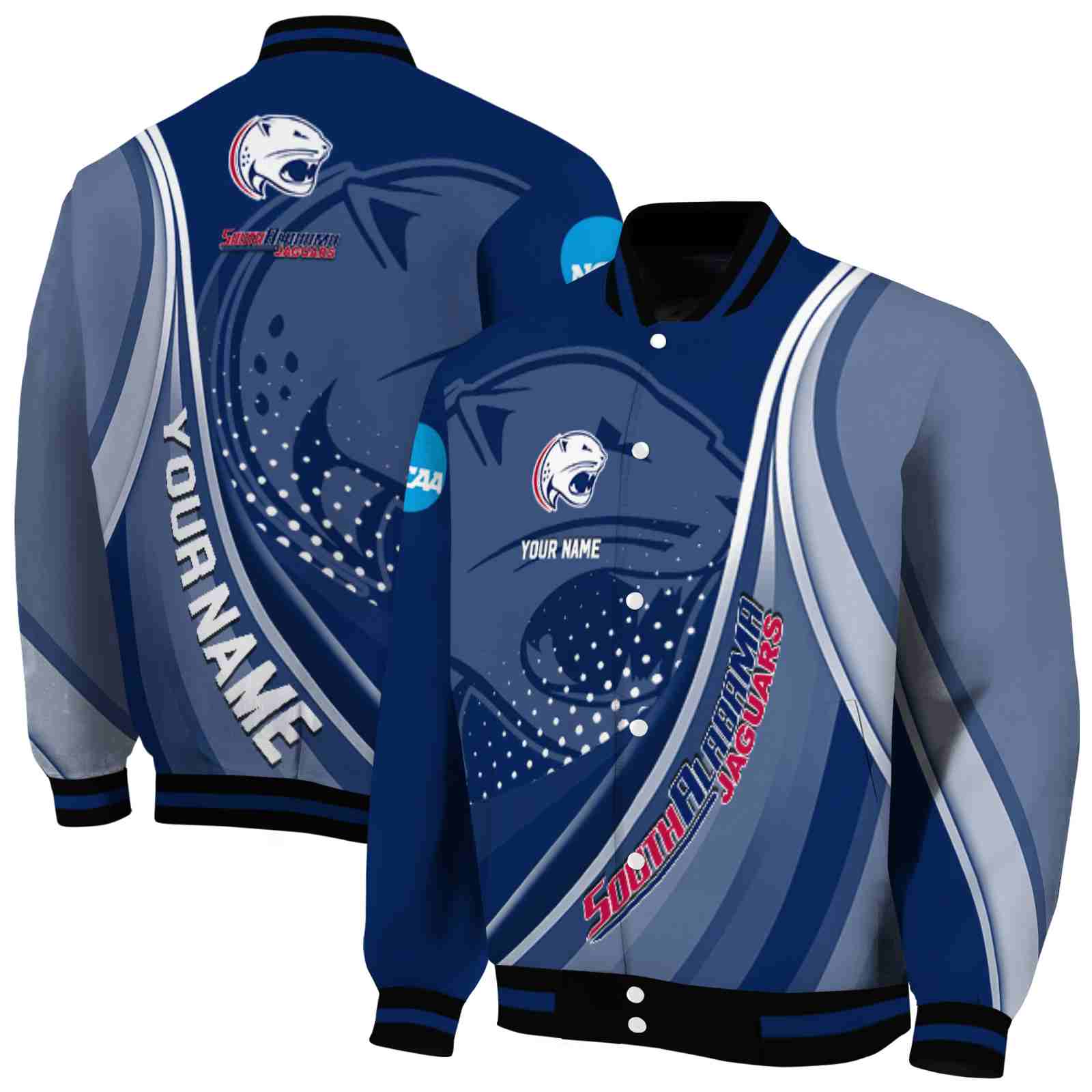 NcaaCustomized South Alabama Jaguars Wave Patterns Blue Custom Baseball Jacket Sport Fans Gear