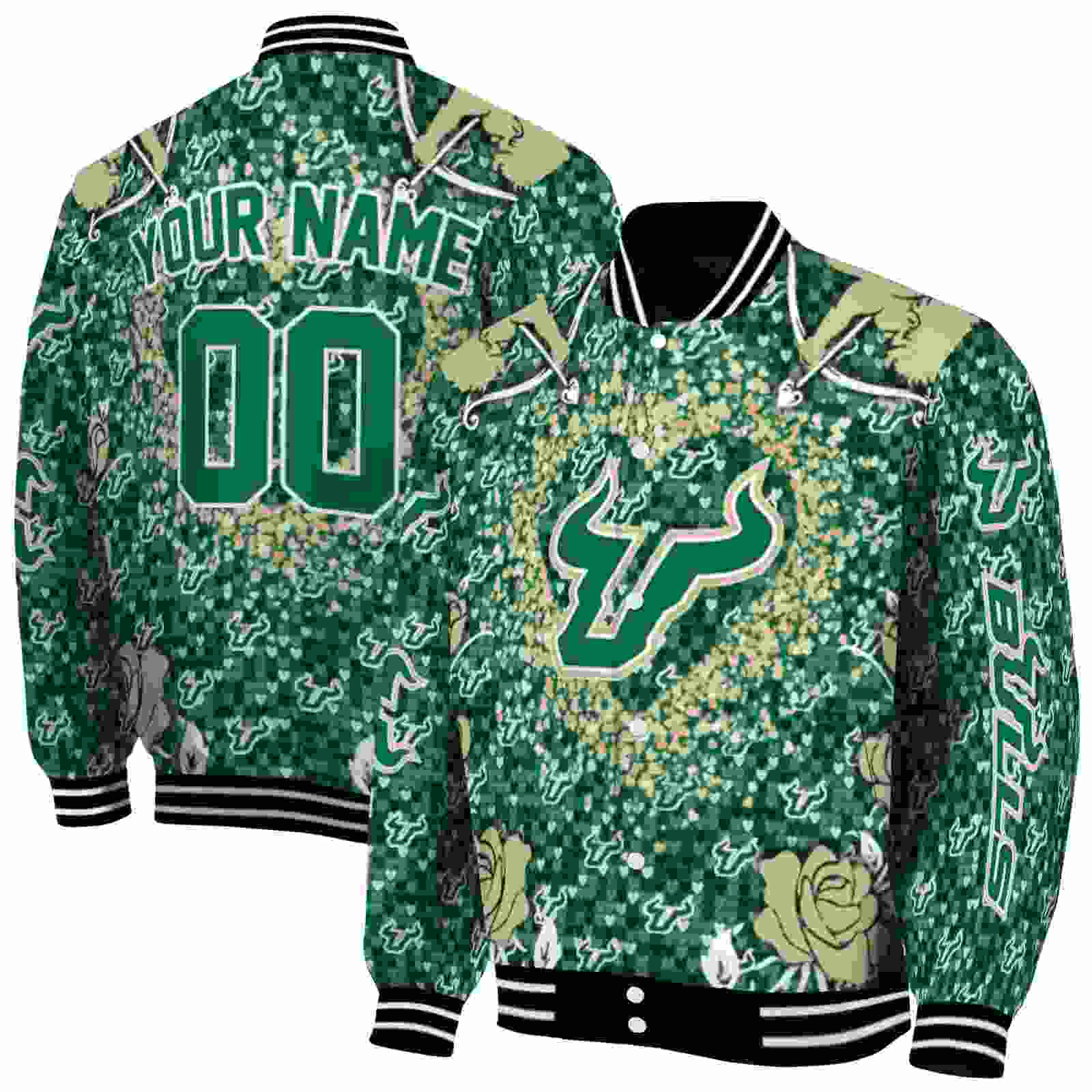 NcaaCustomized South Florida Bulls Heart Explosion Green Custom Baseball Jacket Sport Fans Gear