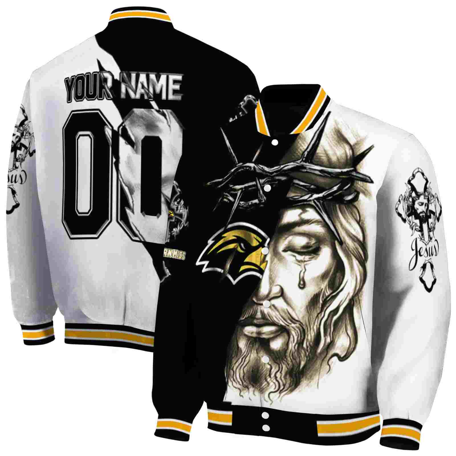 NcaaCustomized Southern Miss Golden Eagles Jesus Tears Black White Custom Baseball Jacket Sport Fans Gear