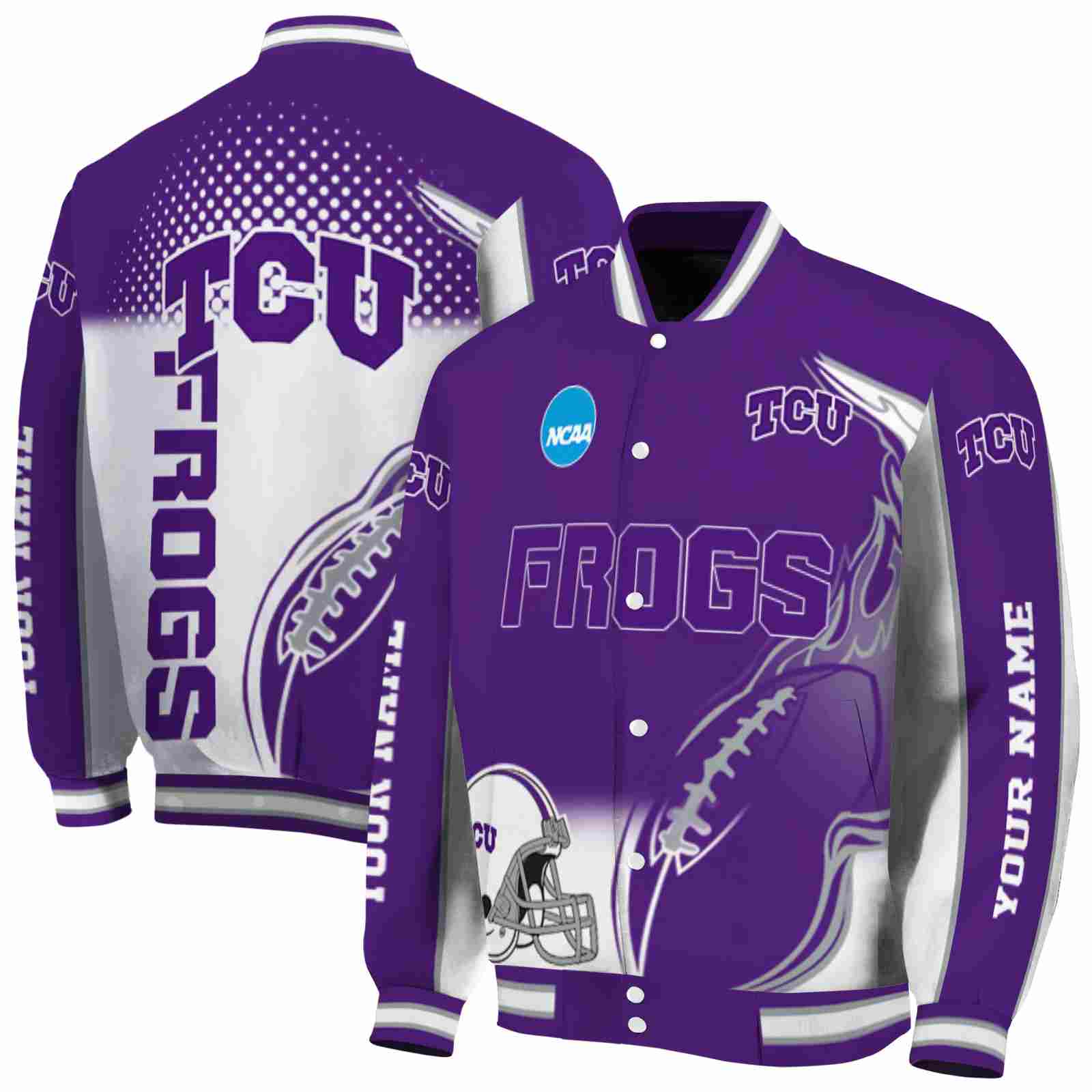 NcaaCustomized TCU Horned Frogs Flaming Football Purple White Custom Baseball Jacket Sport Fans Gear