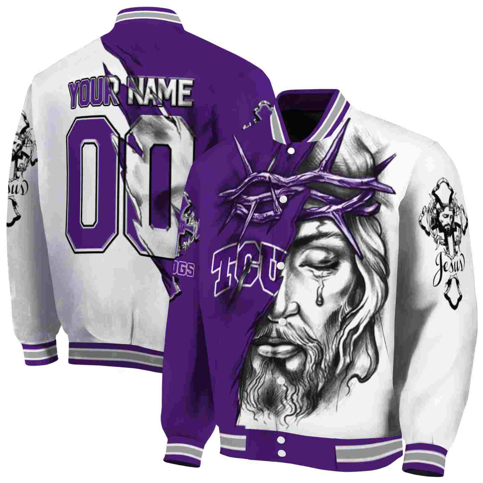 NcaaCustomized TCU Horned Frogs Jesus Tears Purple White Custom Baseball Jacket Sport Fans Gear