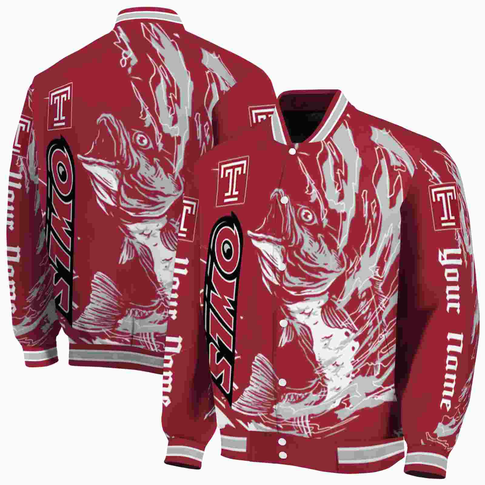 NcaaCustomized Temple Owls Fishing Passion Red White Custom Baseball Jacket Sport Fans Gear