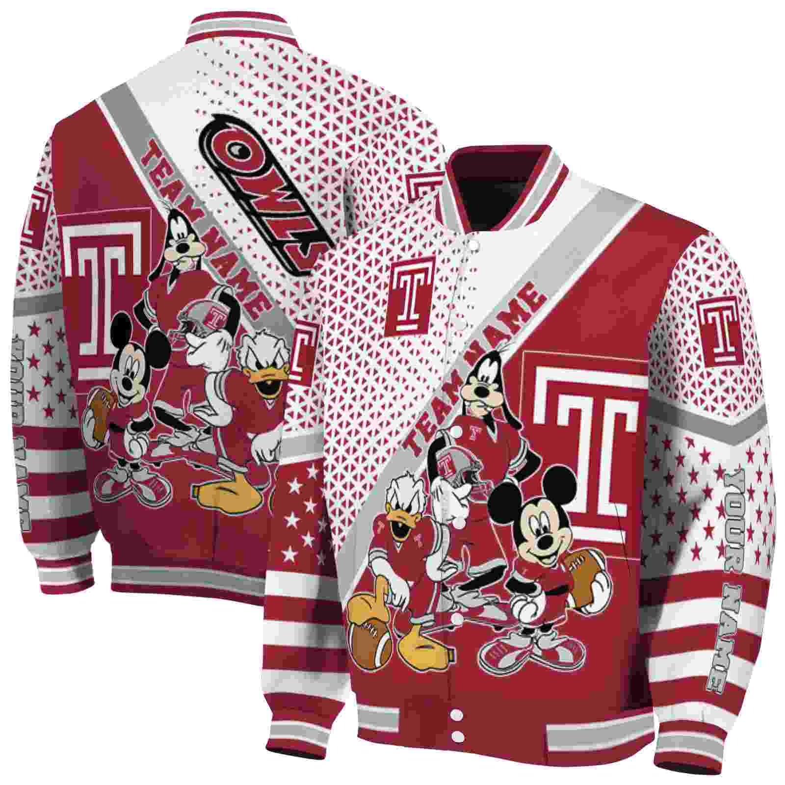 NcaaCustomized Temple Owls Mickey Donald Goofy Red White Custom Baseball Jacket Sport Fans Gear