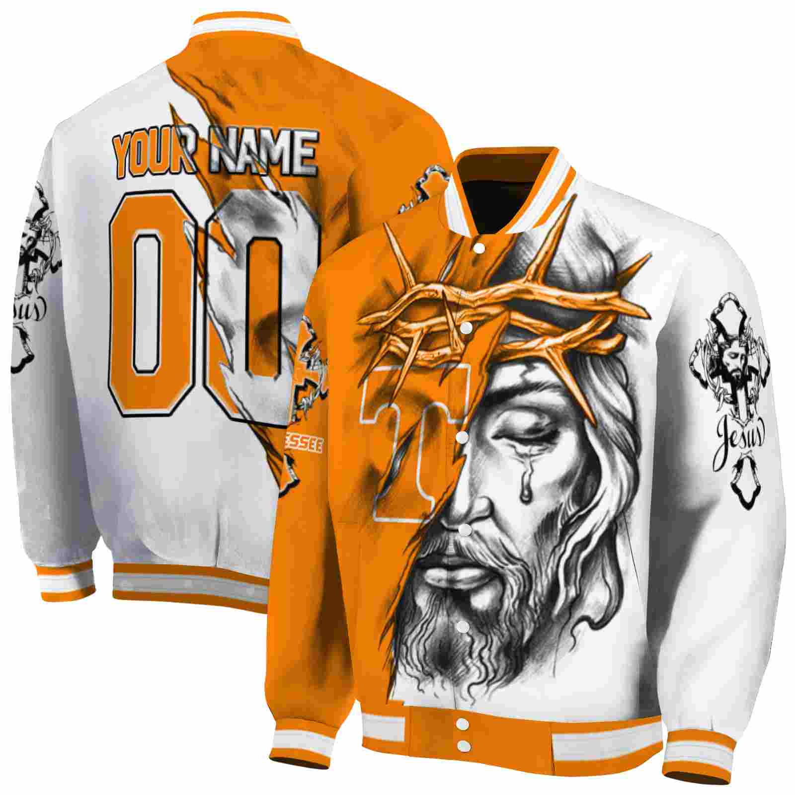 NcaaCustomized Tennessee Volunteers Jesus Tears Orange White Custom Baseball Jacket Sport Fans Gear