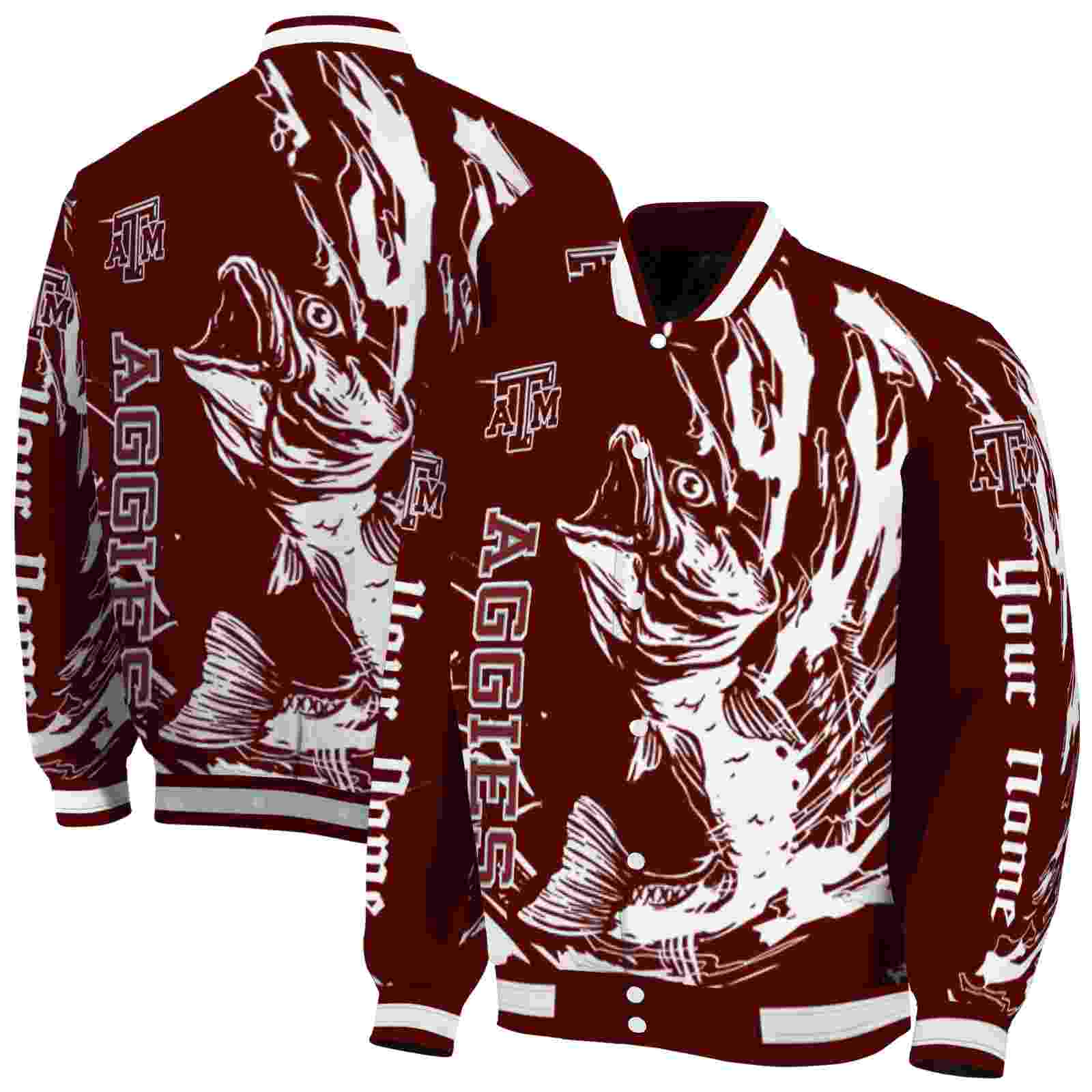 NcaaCustomized Texas A&M Aggies Fishing Passion Maroon White Custom Baseball Jacket Sport Fans Gear