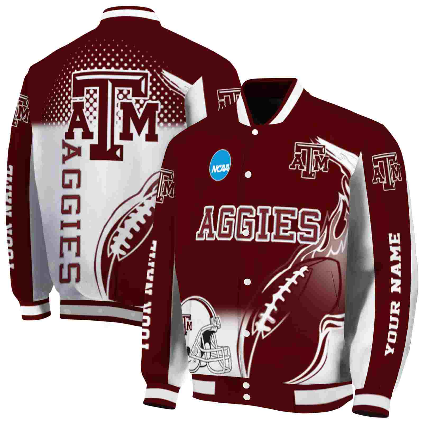 NcaaCustomized Texas A&M Aggies Flaming Football Maroon White Custom Baseball Jacket Sport Fans Gear